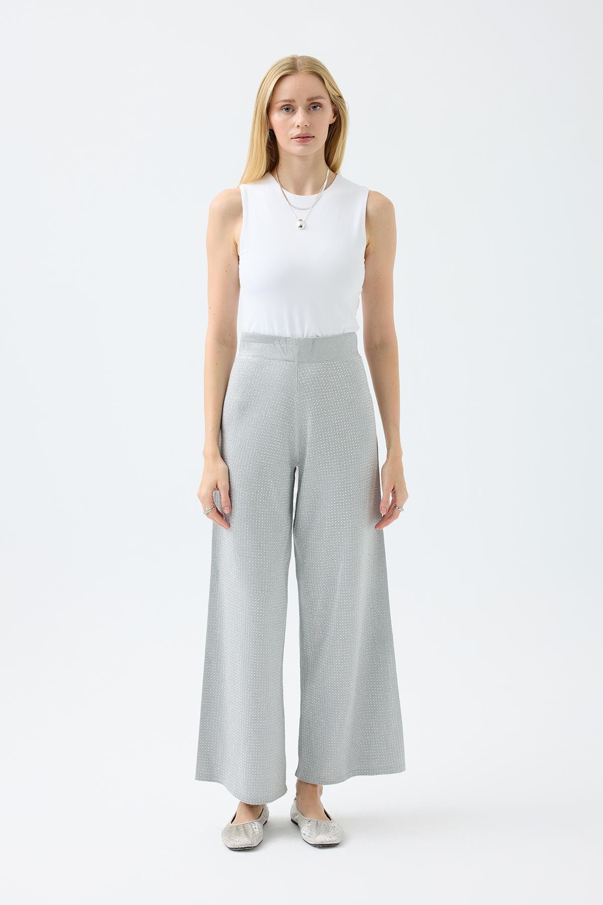 Edna Taşlı Simli Pantolon - Gri 