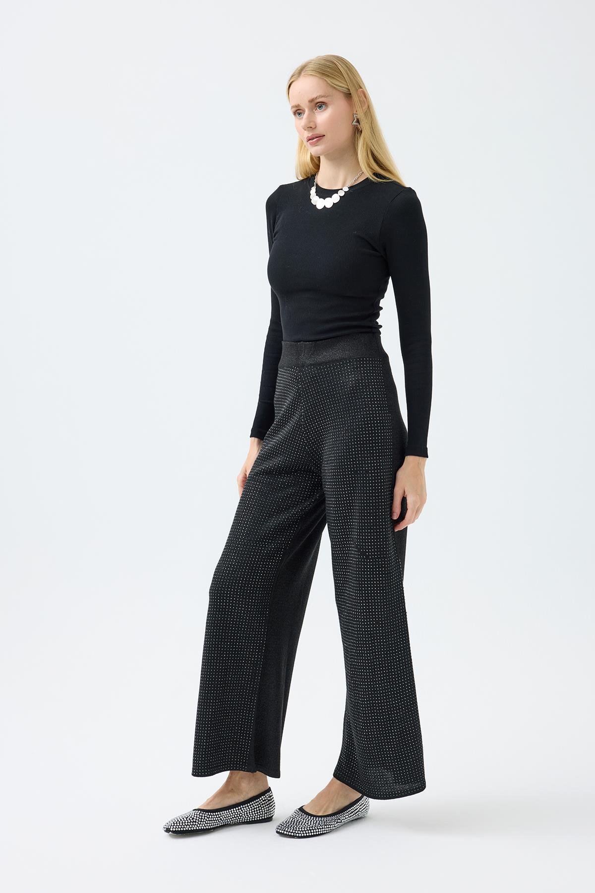 Edna Taşlı Simli Pantolon - Siyah 