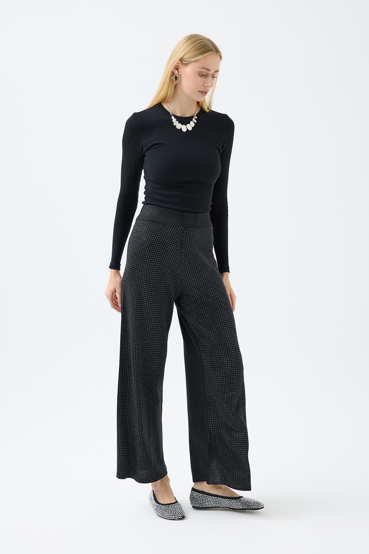 Edna Taşlı Simli Pantolon - Siyah 