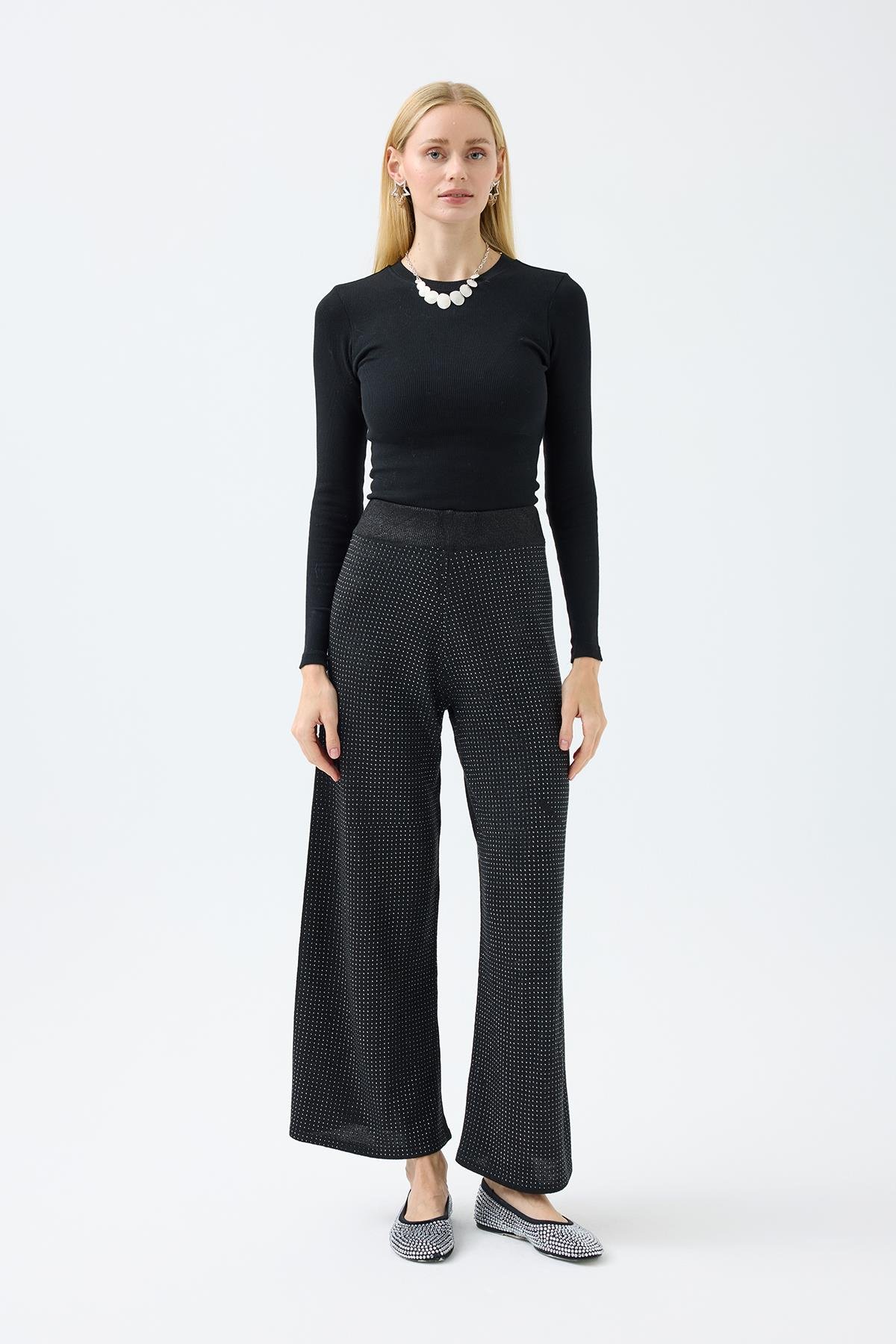 Edna Taşlı Simli Pantolon - Siyah 