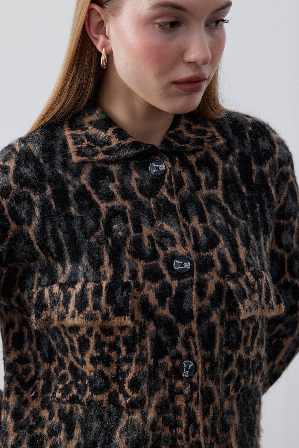 Edwina Leopar Desenli Triko Ceket- Kahverengi 