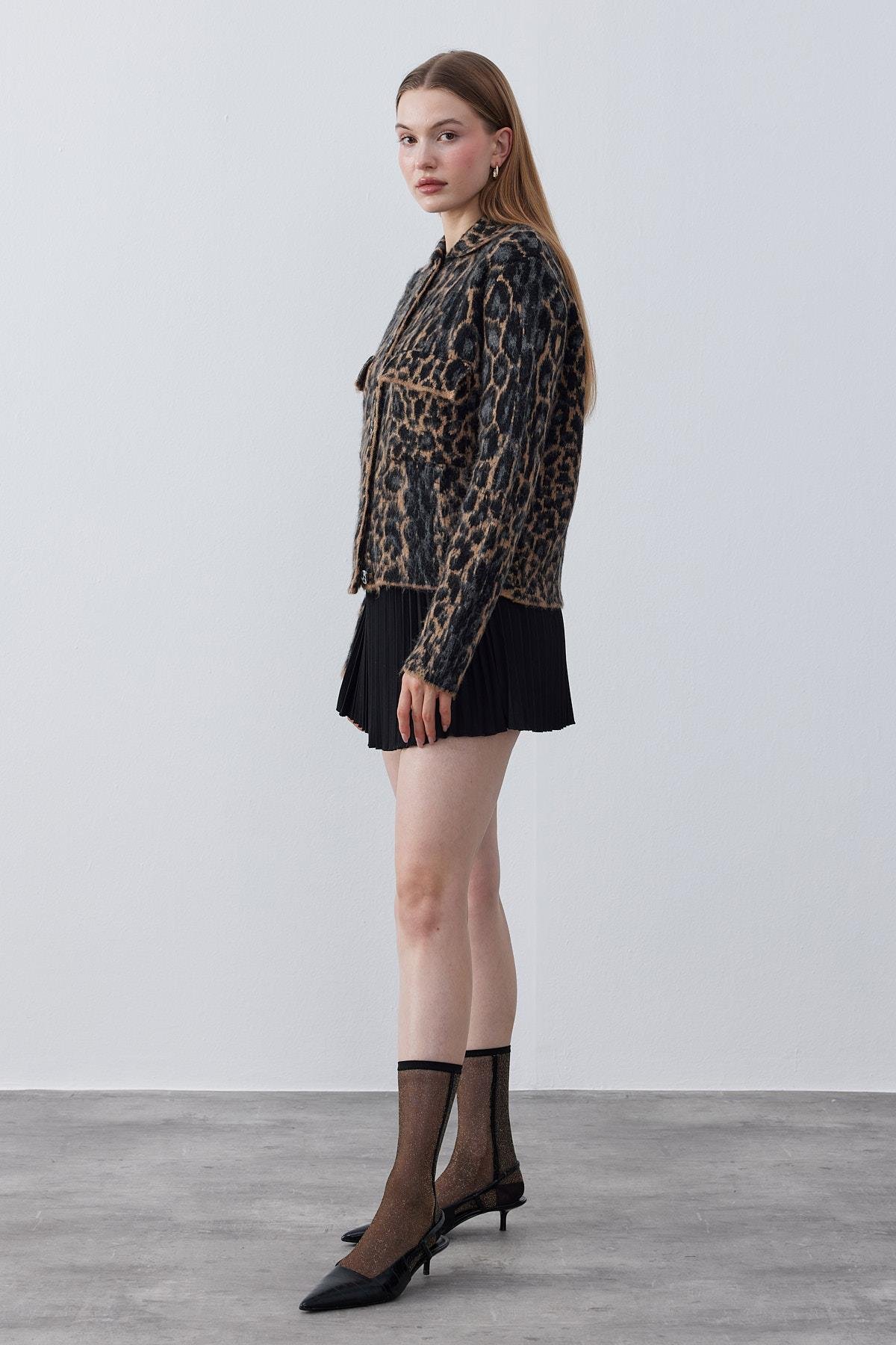 Edwina Leopar Desenli Triko Ceket- Kahverengi 