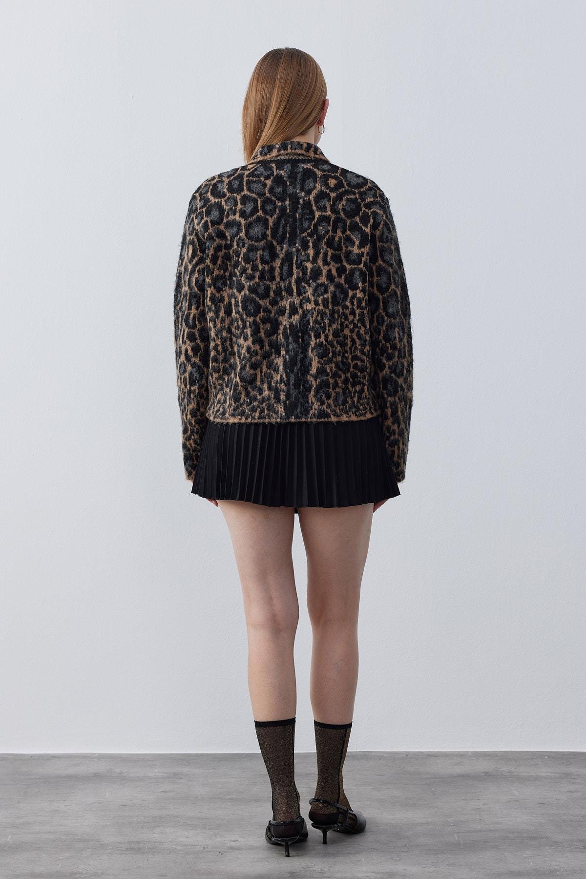 Edwina Leopar Desenli Triko Ceket- Kahverengi 