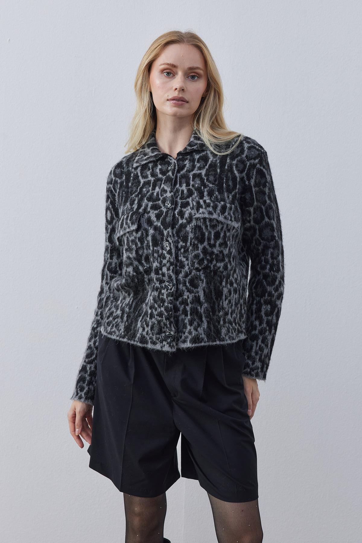 Edwina Leopar Desenli Triko Ceket - Siyah
