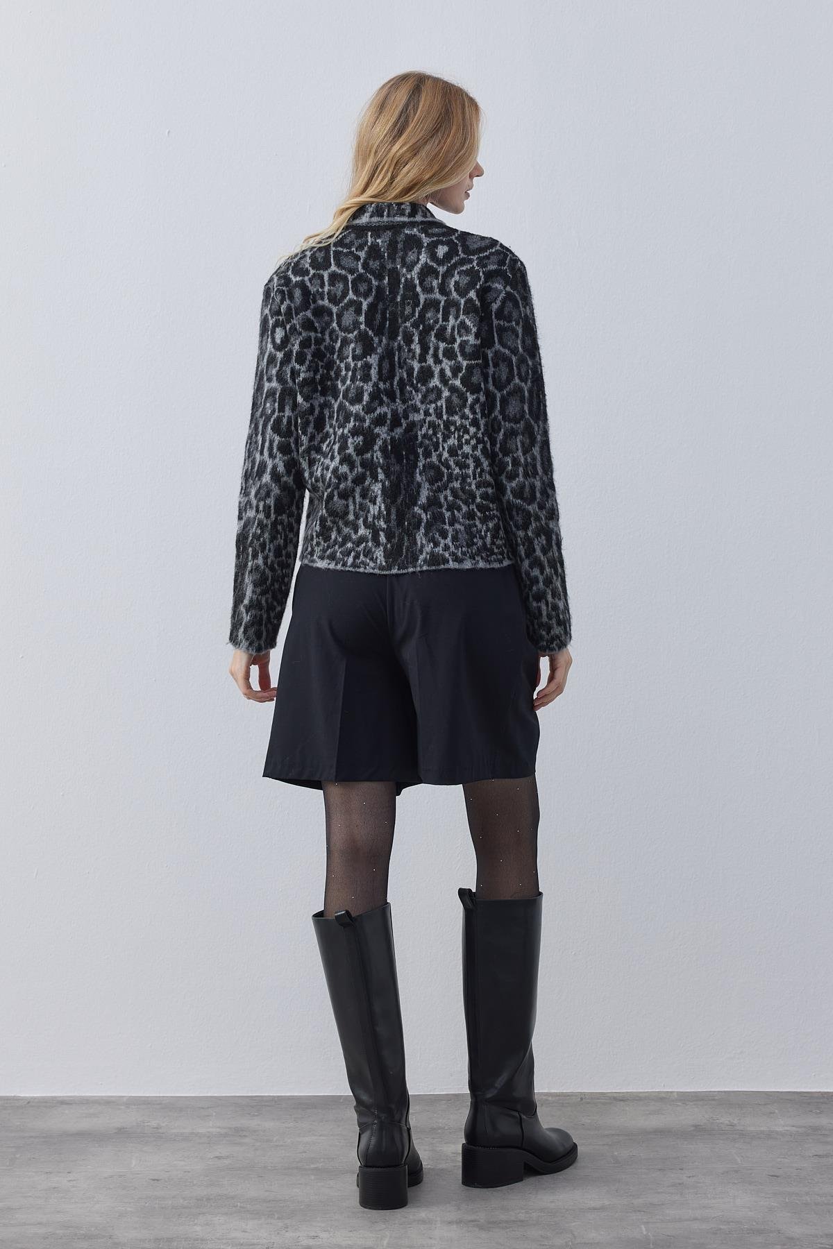 Edwina Leopar Desenli Triko Ceket - Siyah