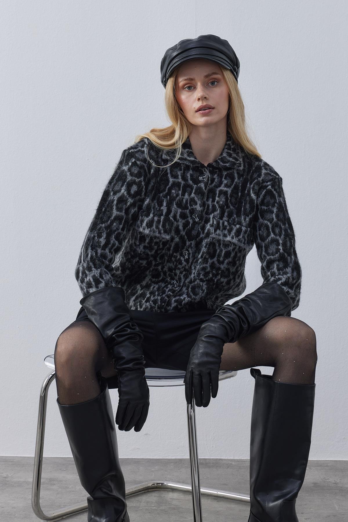 Edwina Leopar Desenli Triko Ceket - Siyah