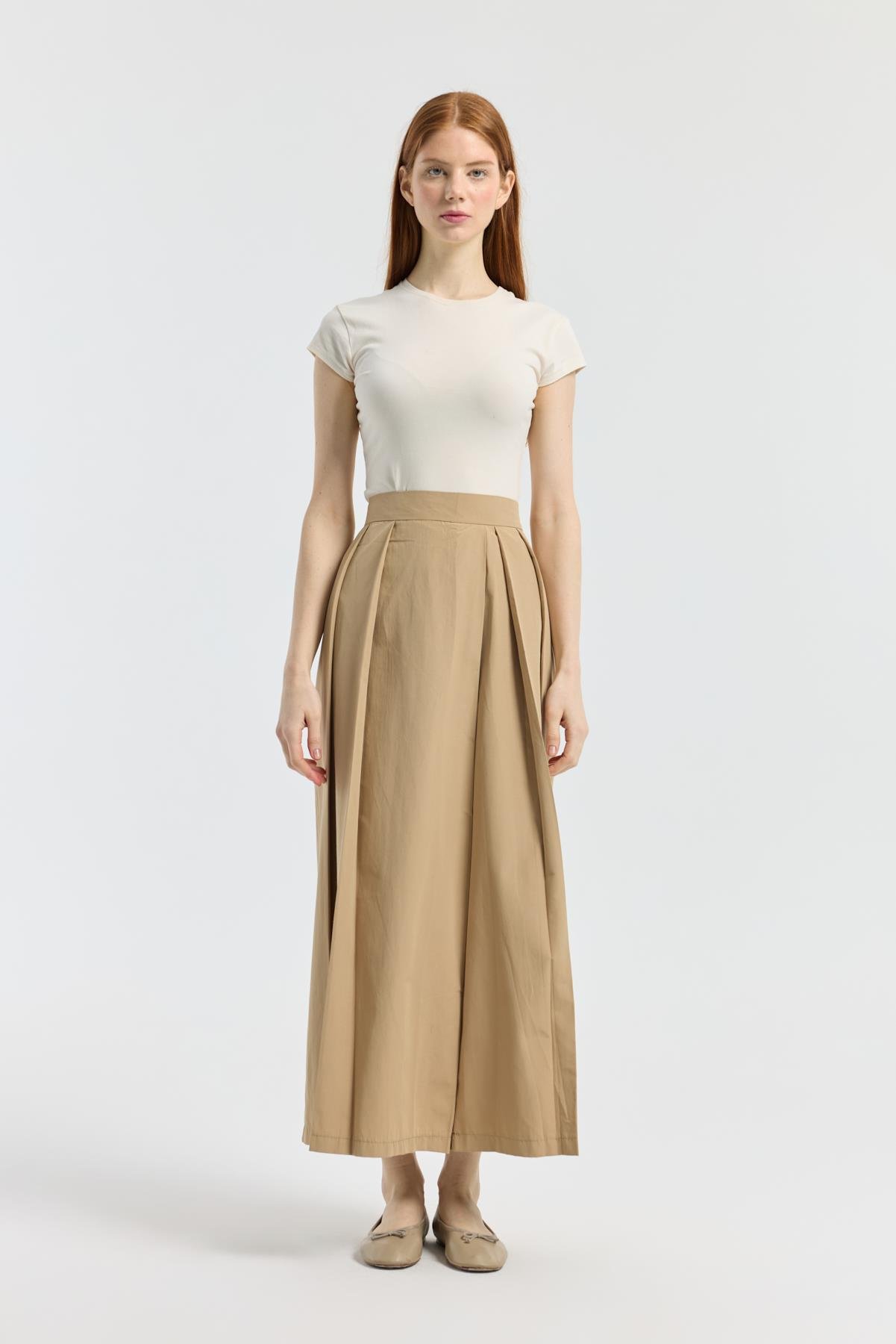 Elara Pileli Poplin Pantolon - Camel