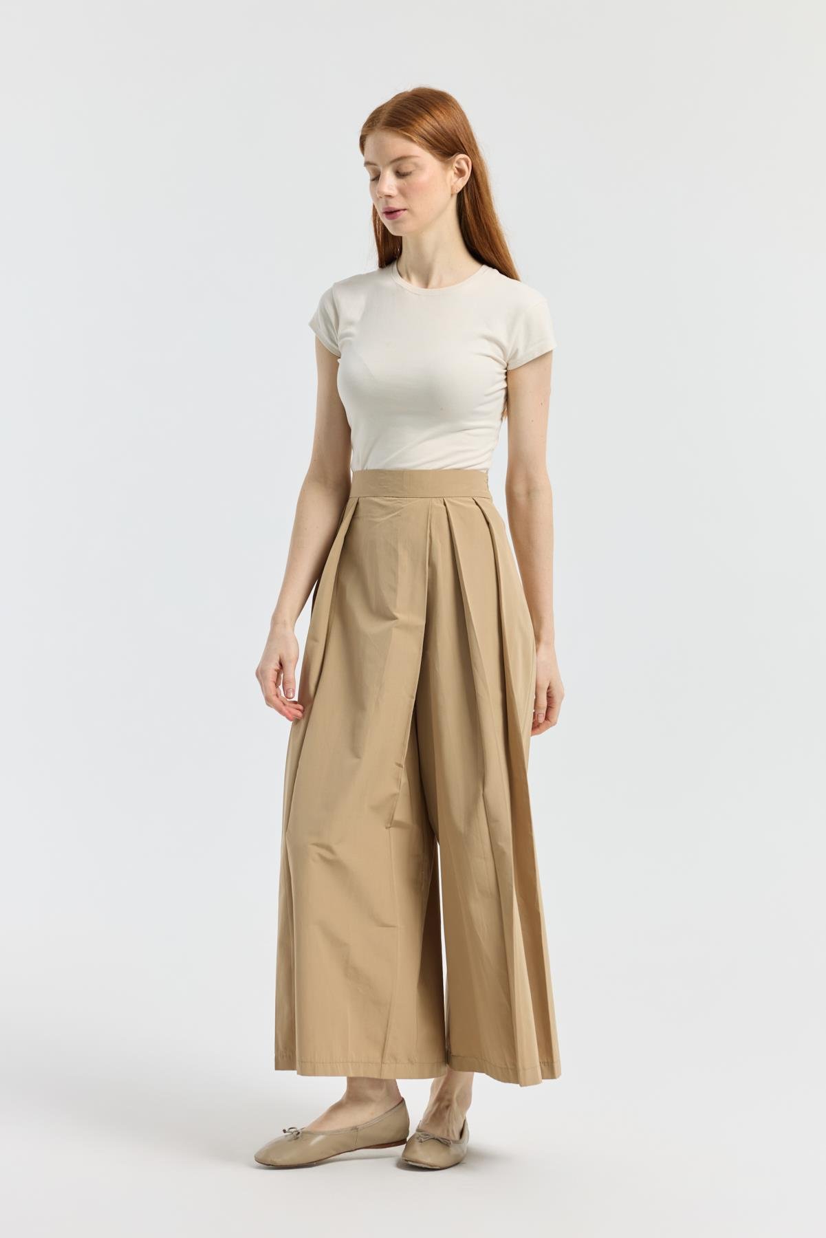 Elara Pileli Poplin Pantolon - Camel