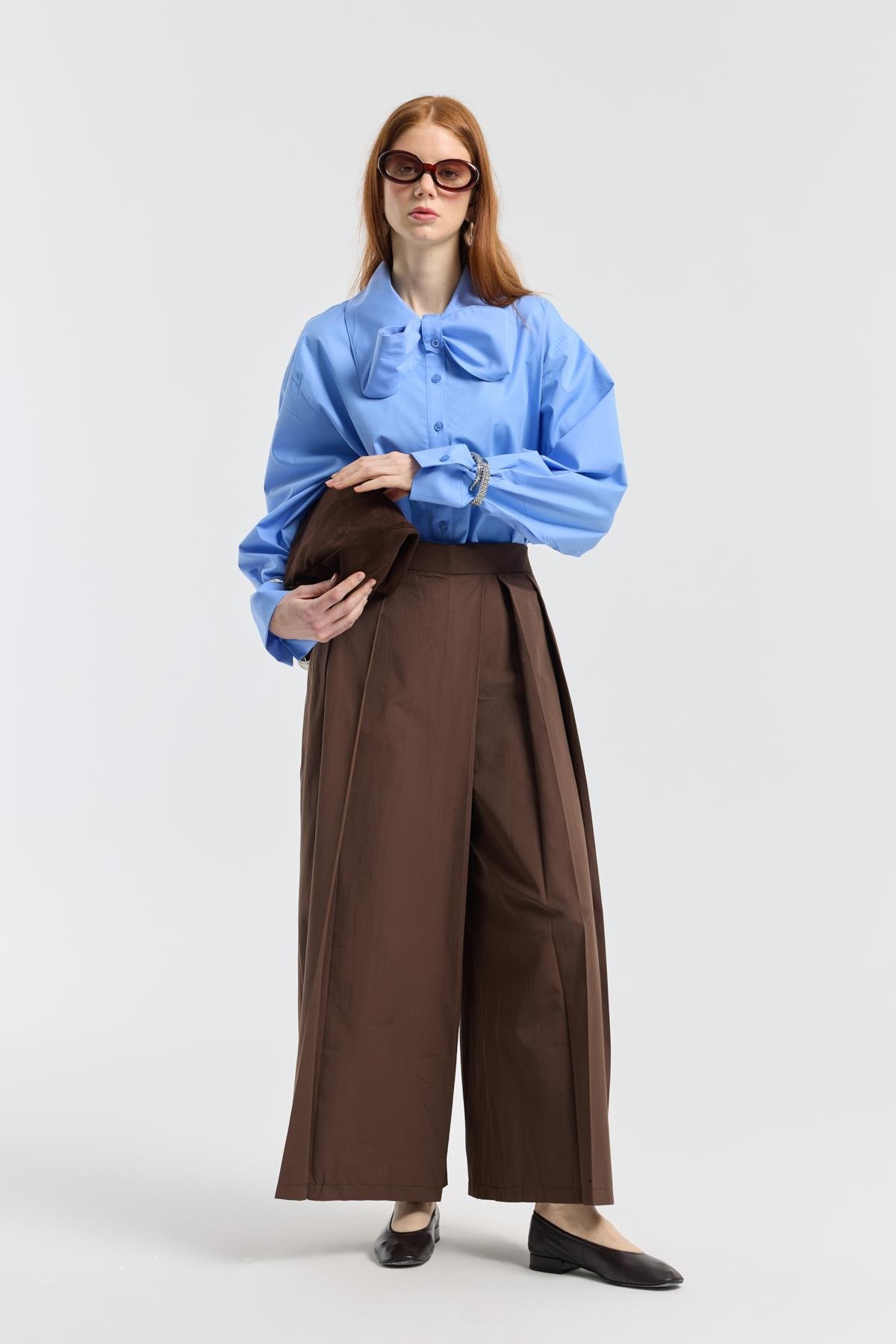 Elara Pileli Poplin Pantolon - Kahverengi