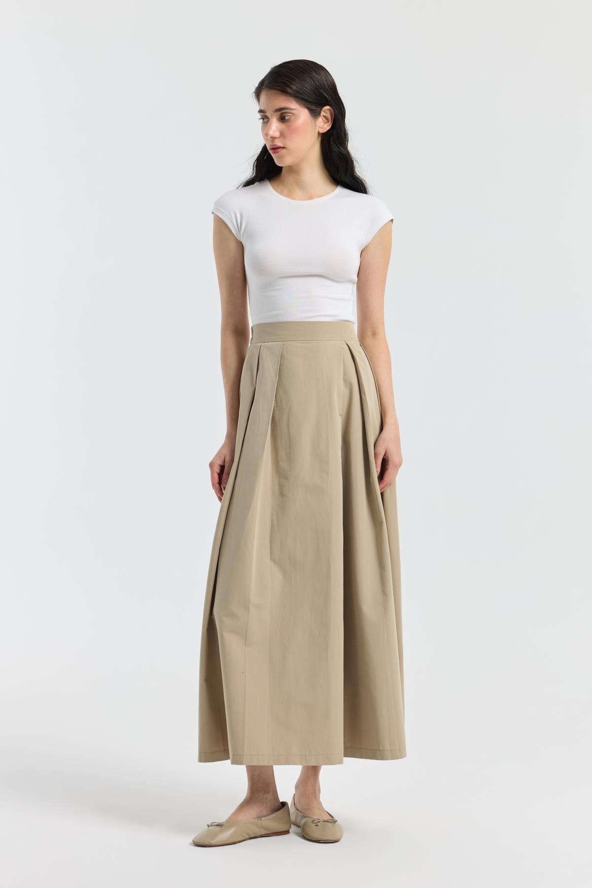 Elara Pileli Poplin Pantolon - Taş