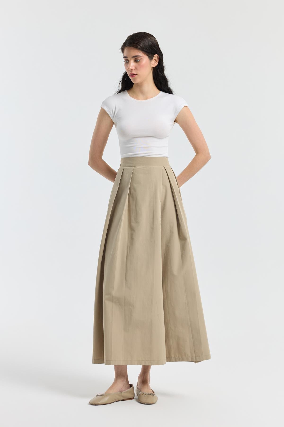 Elara Pileli Poplin Pantolon - Taş