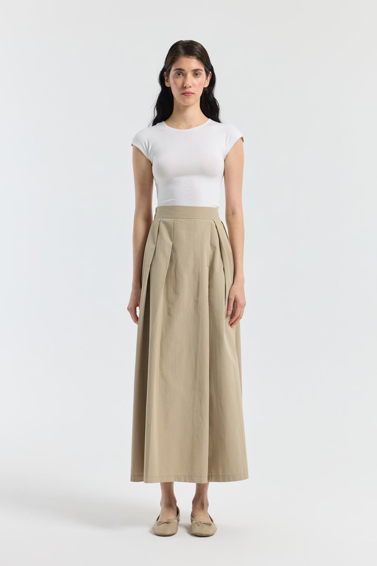 Elara Pileli Poplin Pantolon - Taş