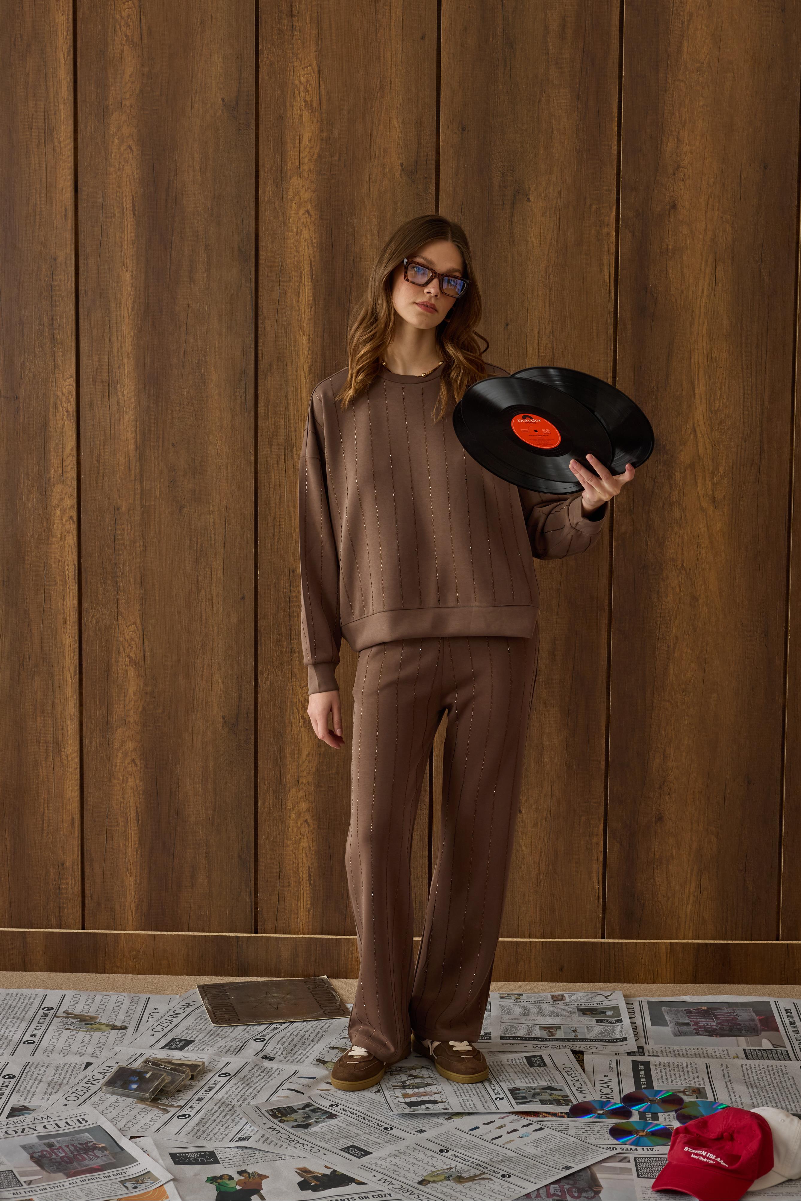 Eleni Pul İşlemeli Modal Takım - Kahverengi