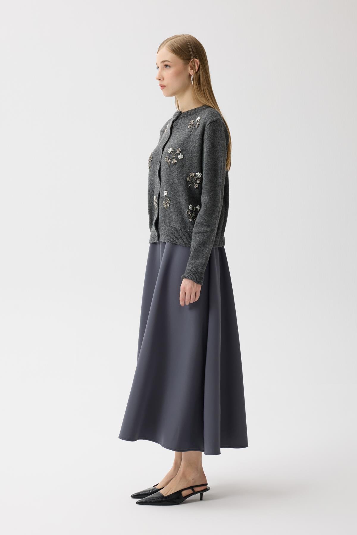 Ella Boncuk İşlemeli Hırka - Antrasit