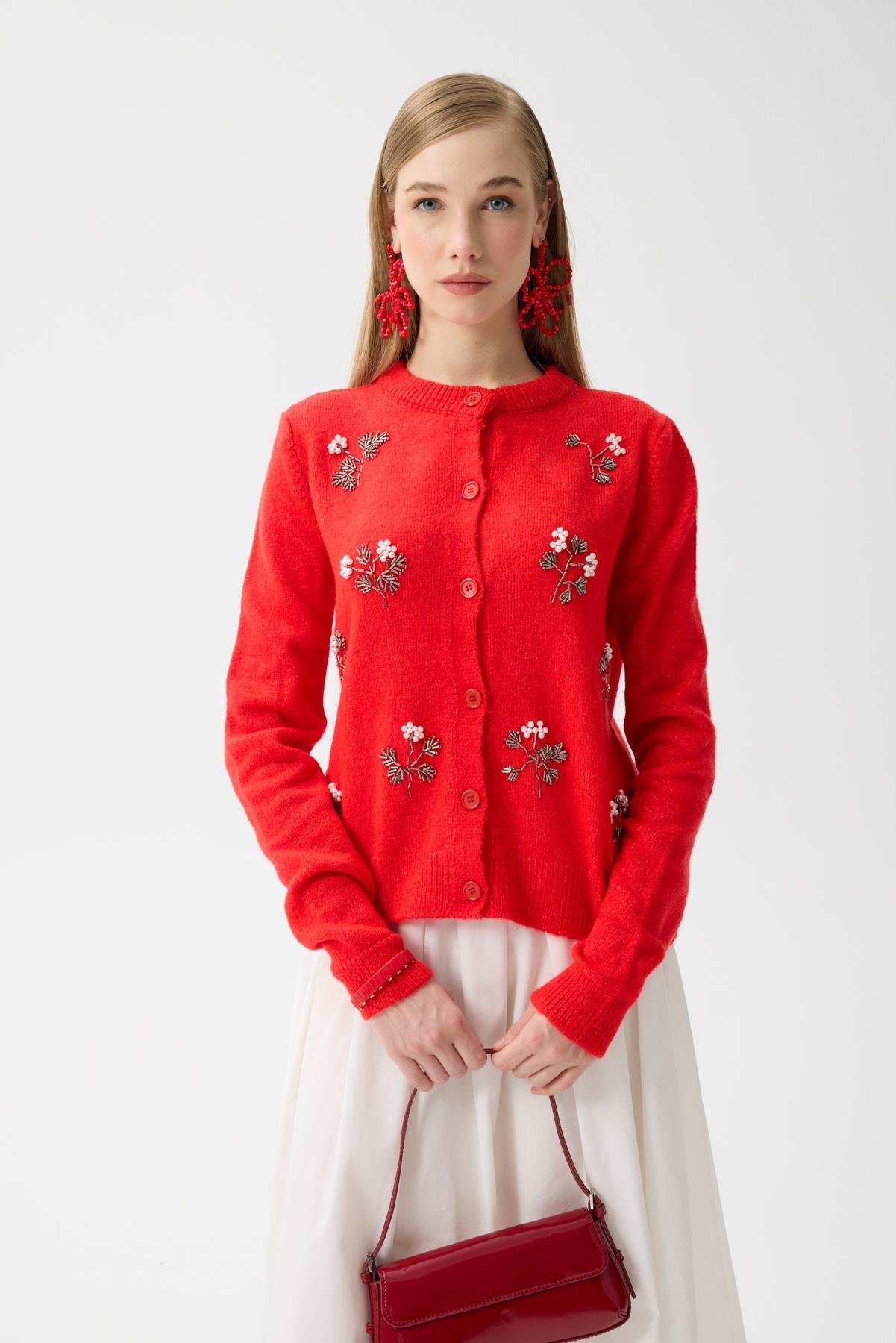 Ella Boncuk İşlemeli Hırka - Kırmızı