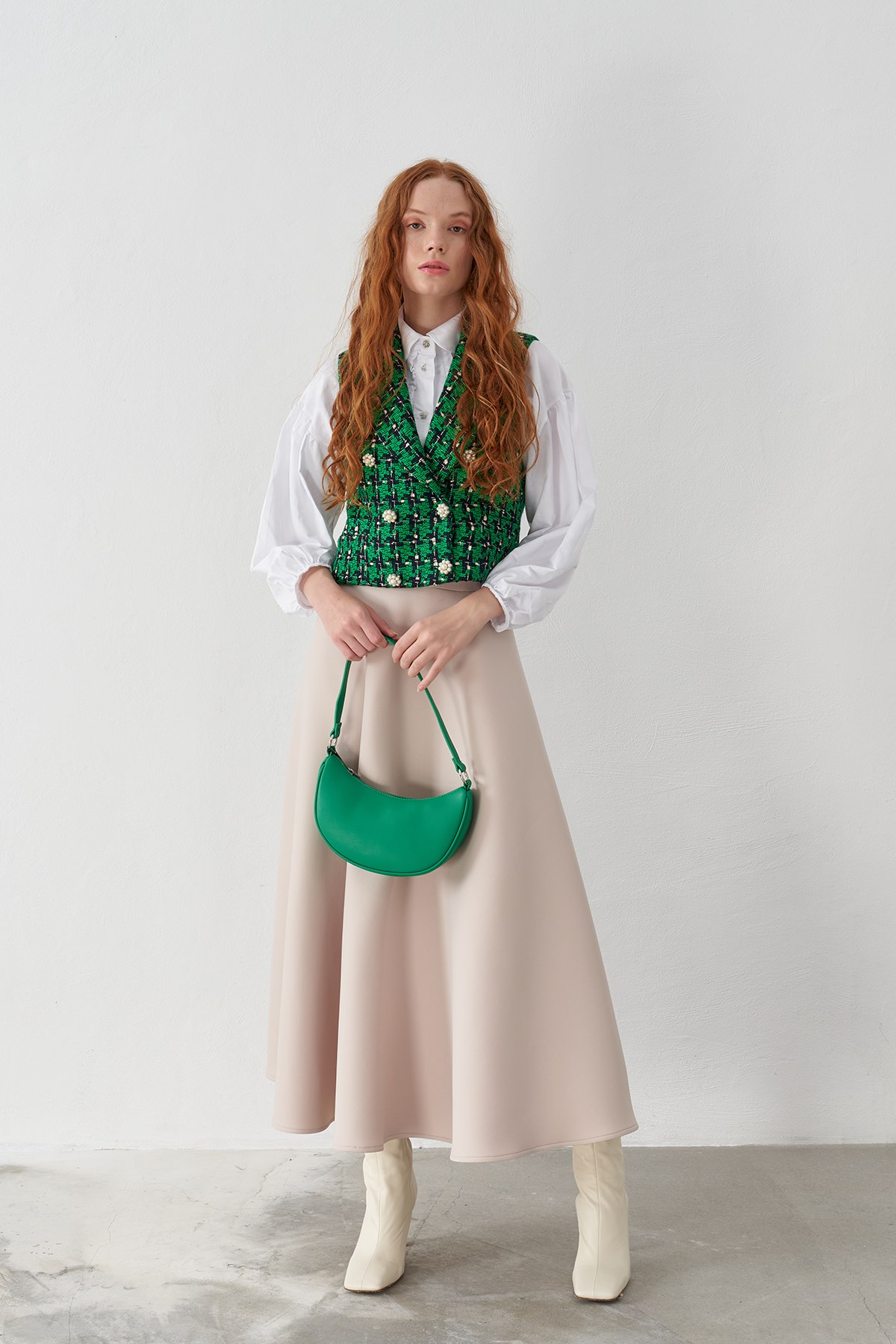 Ellen Puff Skuba Fabric Floor Skirt - Beige