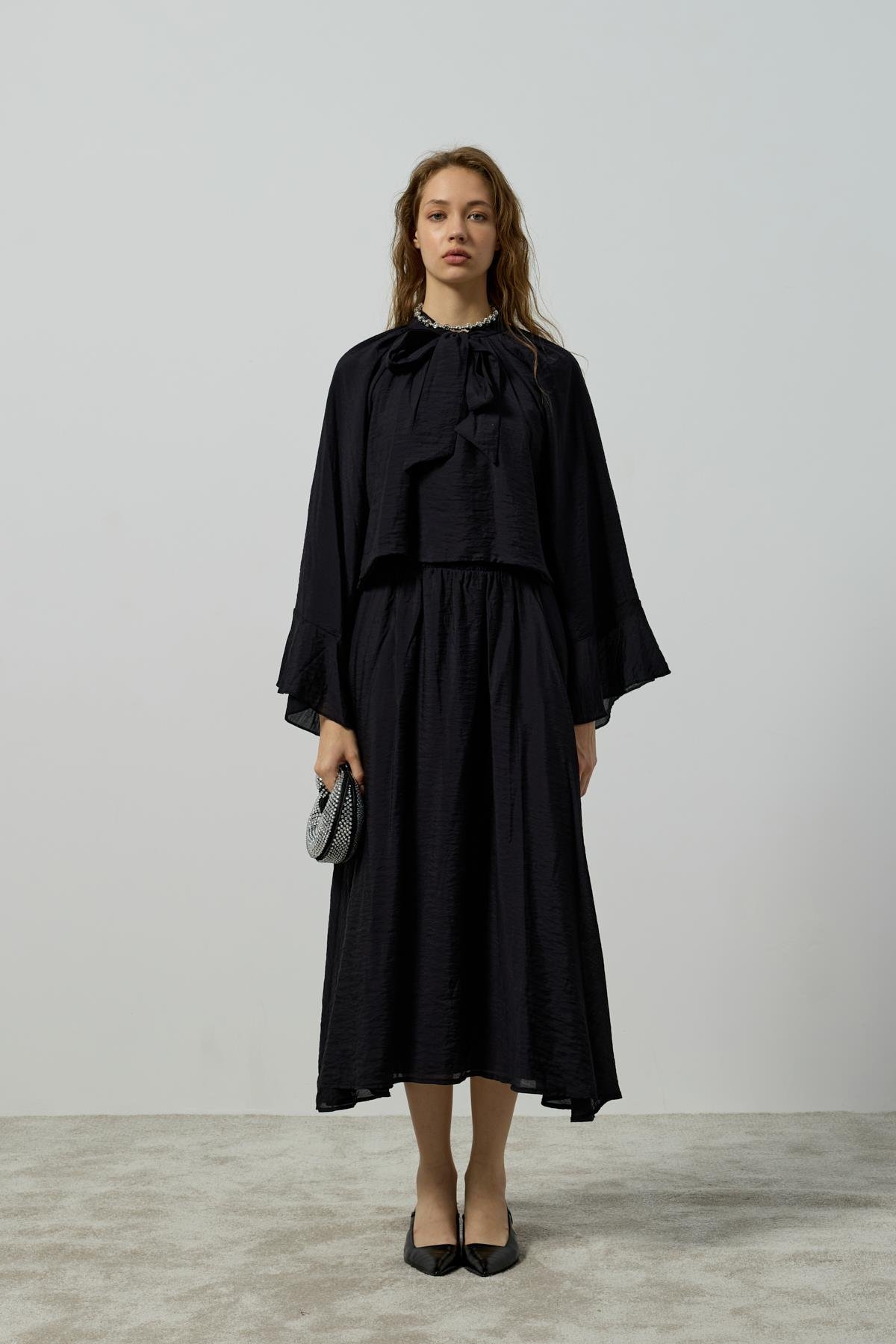 Elsia Büzgülü Damla Yaka Takım - Siyah