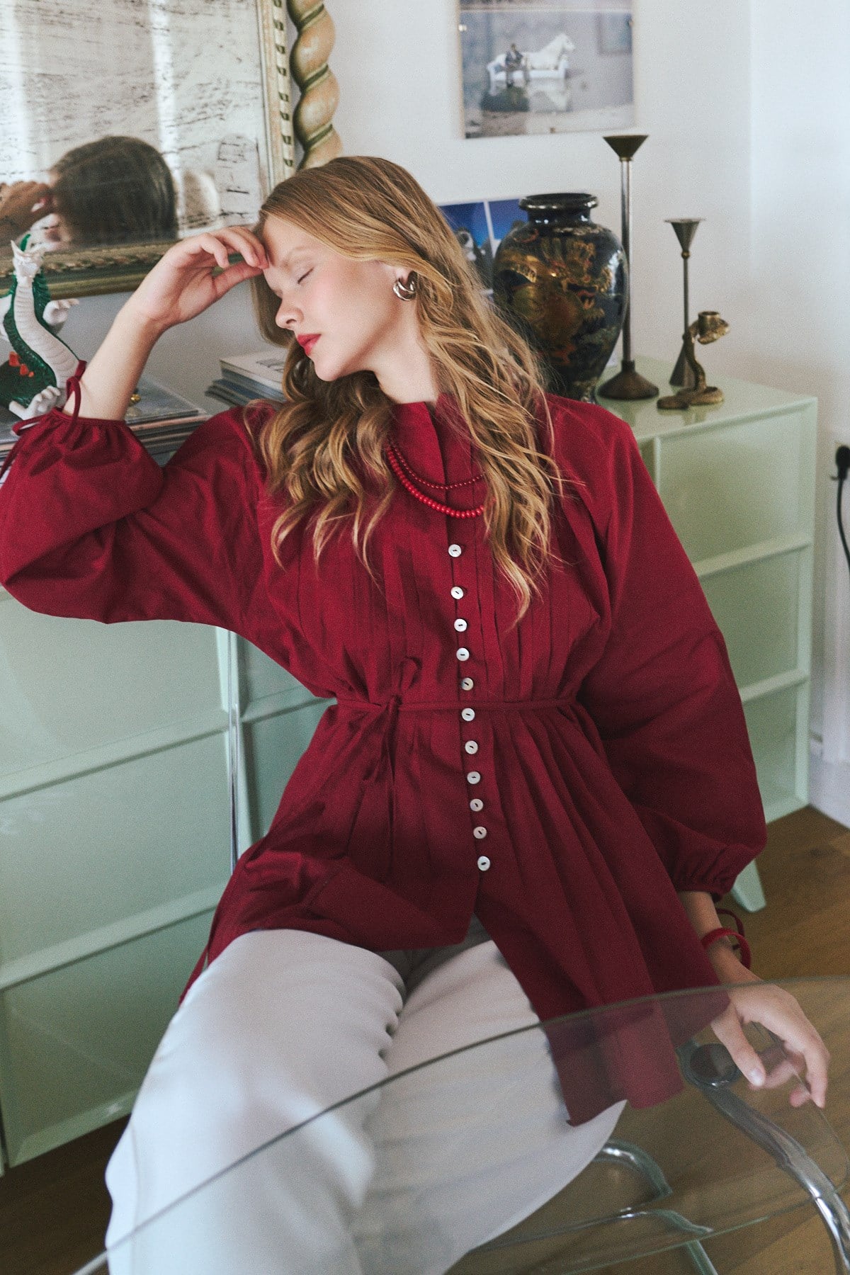 Elvara Nervürlü Kuşaklı Tunik- Bordo