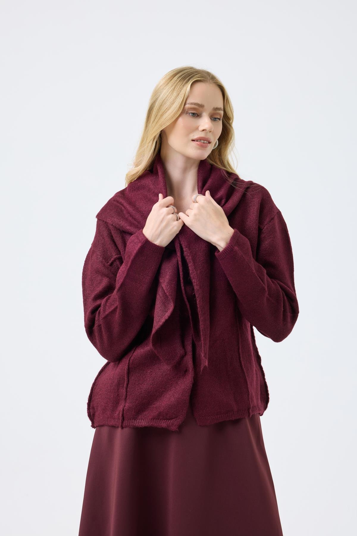 Emmy Atkılı Triko Hırka - Bordo 