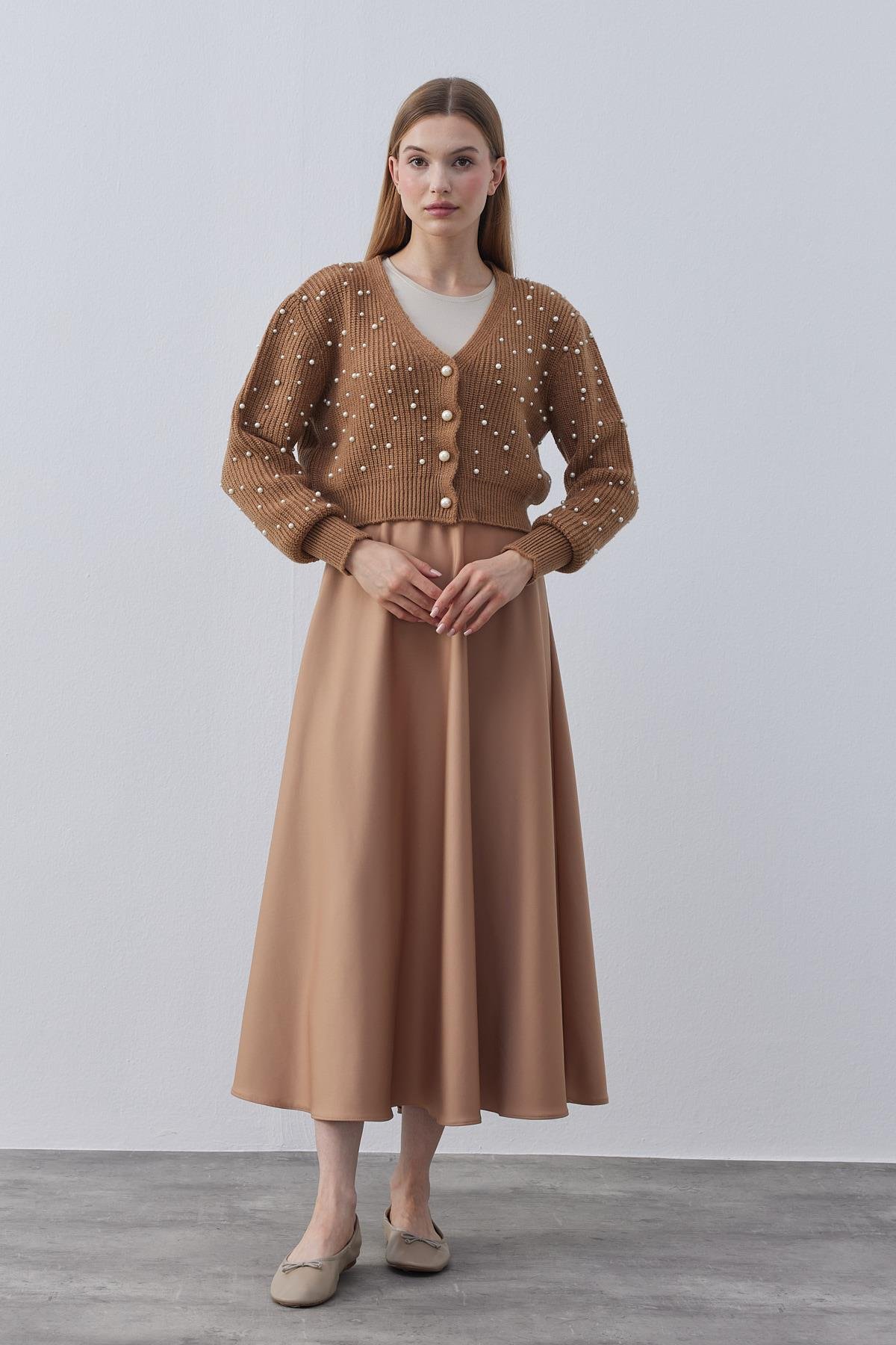 Eric İnci İşlemeli Hırka- Camel 