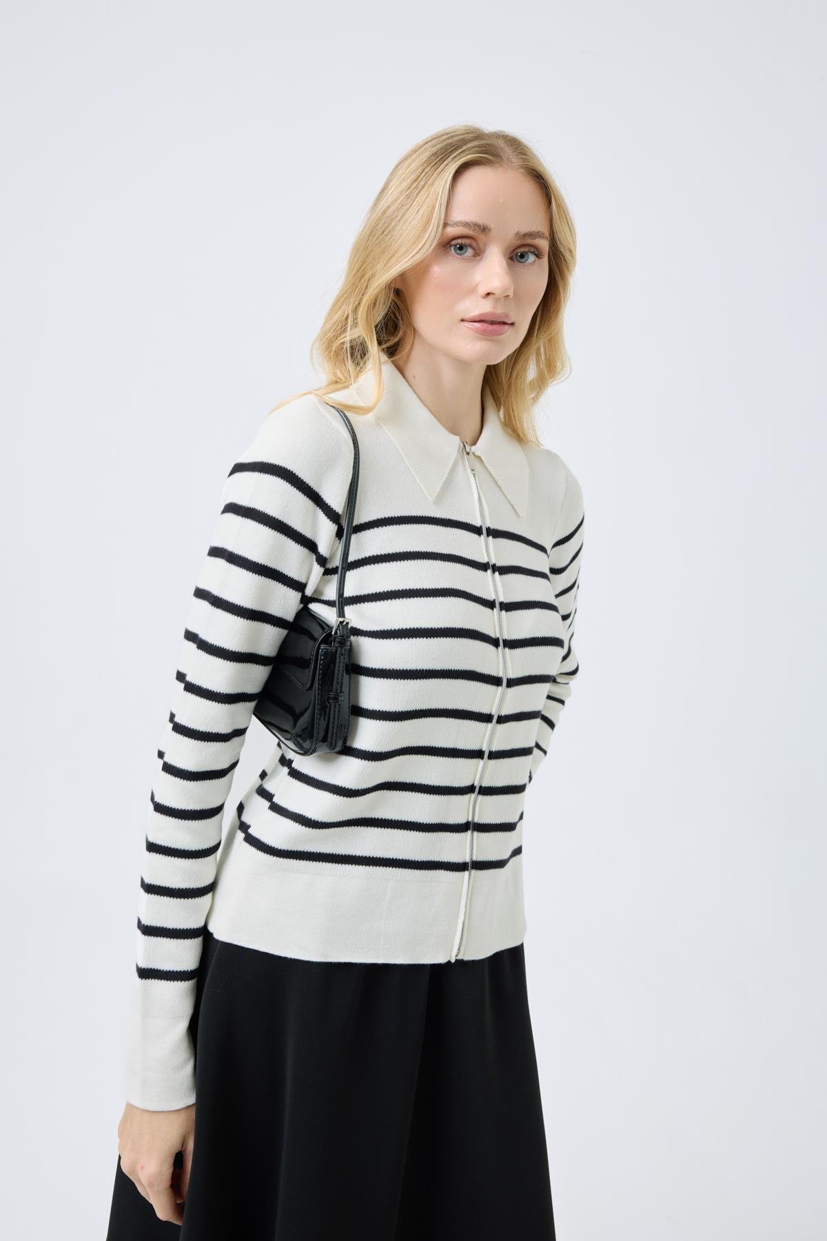 Eris Fermuarlı Çizgili Hırka - Ekru