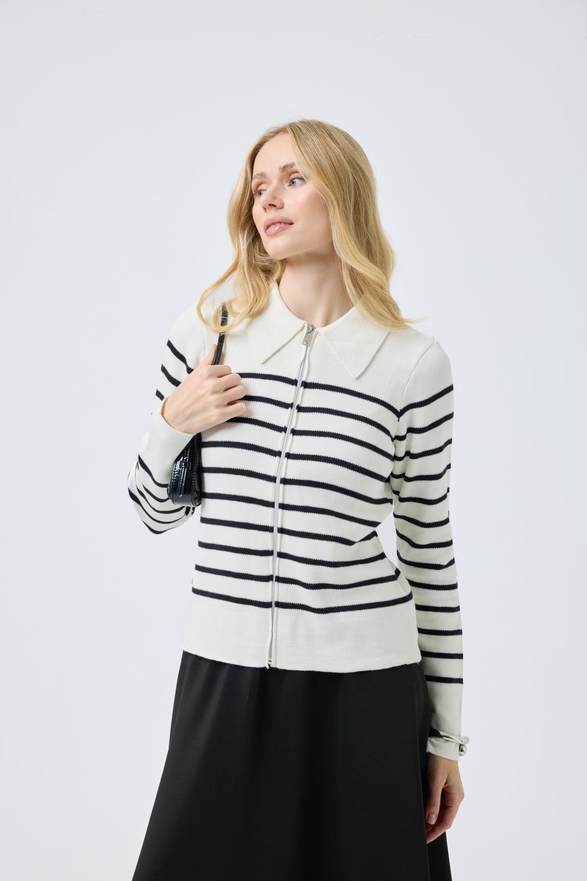 Eris Fermuarlı Çizgili Hırka - Ekru