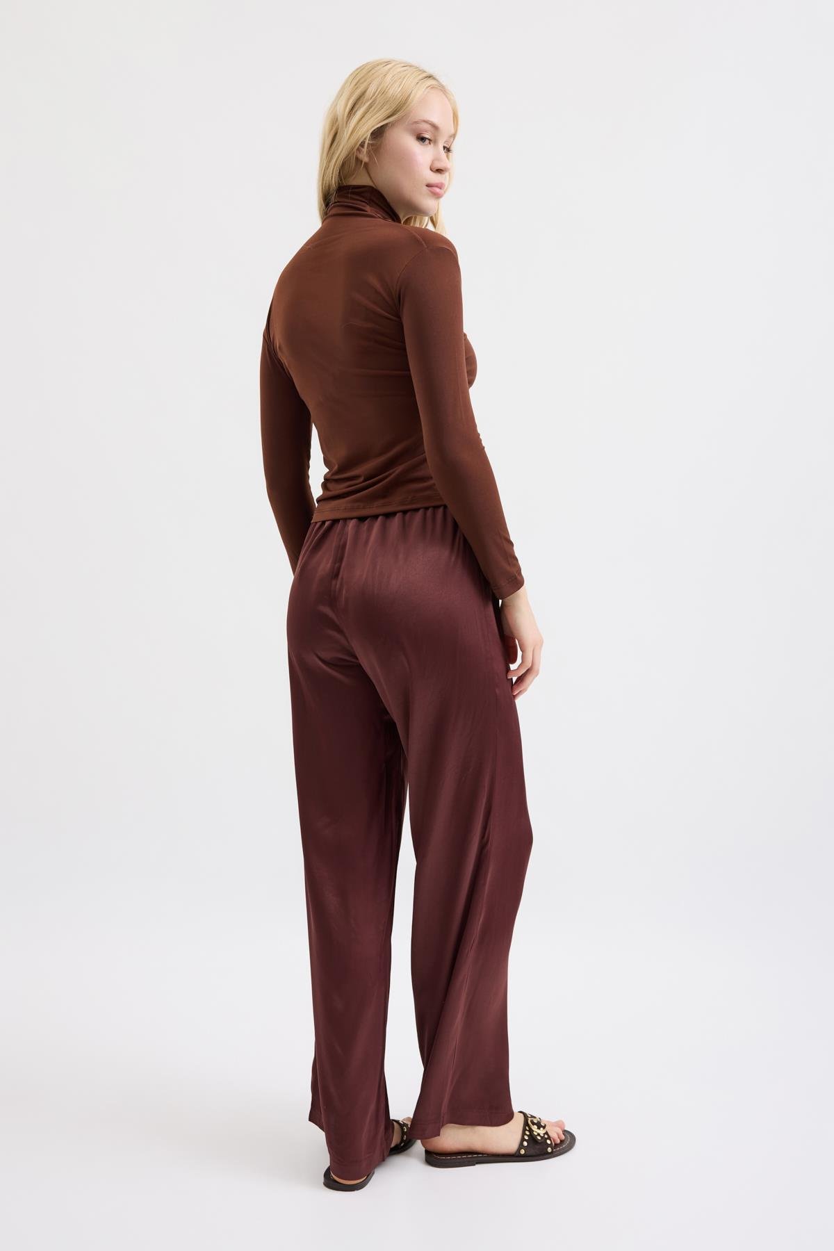 Eva Saten Lastikli Pantolon - Bordo