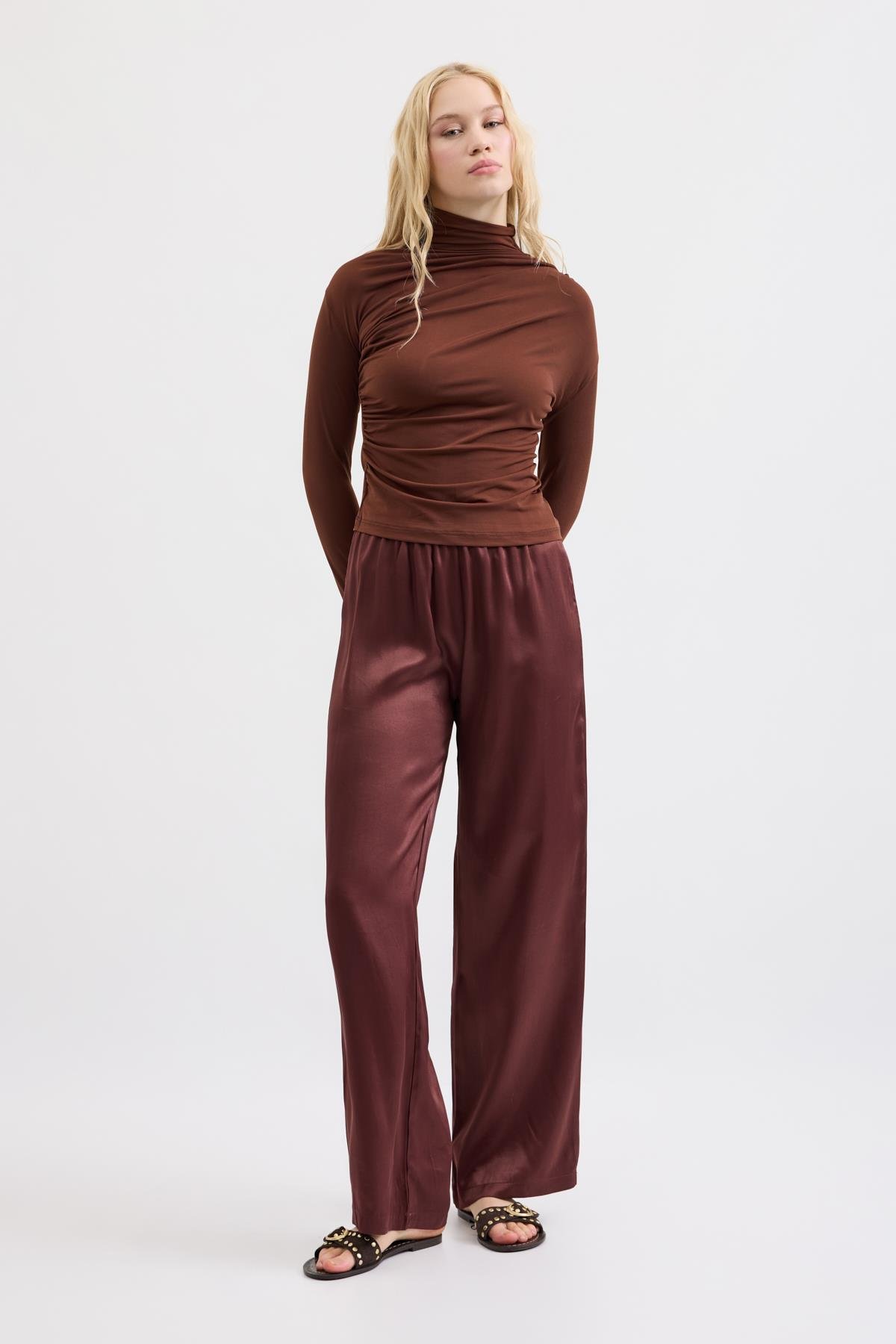 Eva Saten Lastikli Pantolon - Bordo