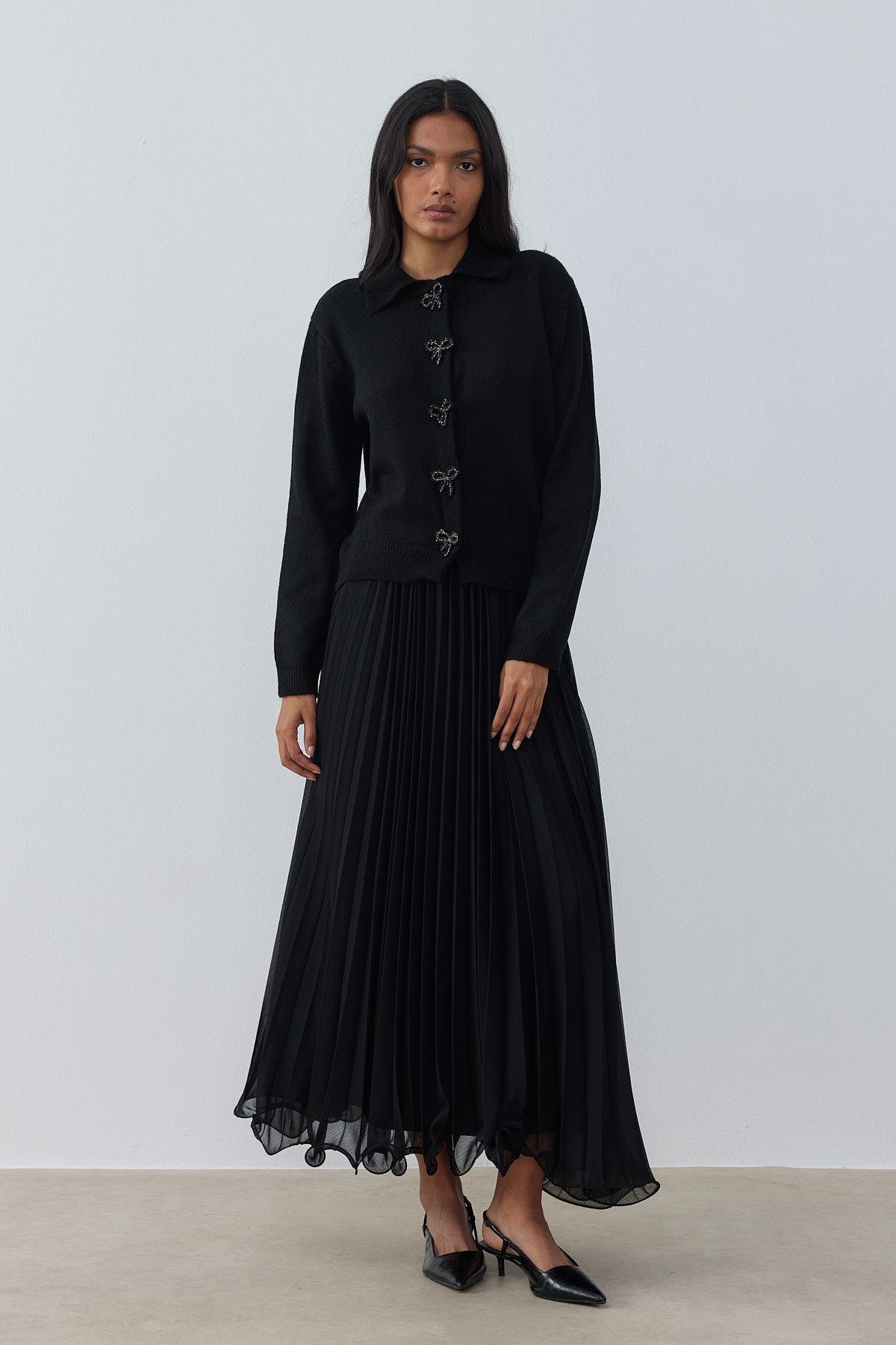 Evelina Fiyonk Detaylı Yün Karışımlı Triko Hırka- Siyah