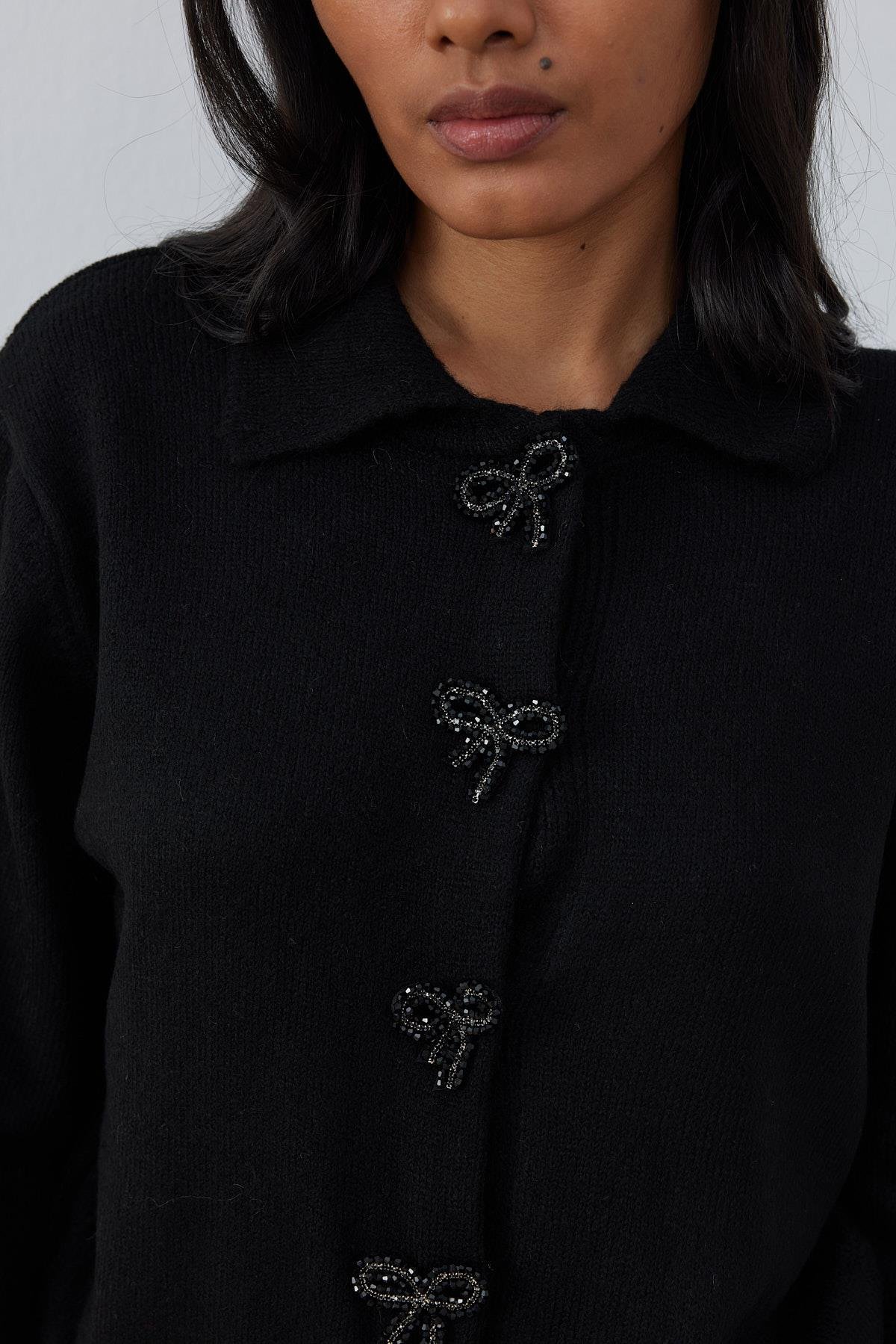 Evelina Fiyonk Detaylı Yün Karışımlı Triko Hırka- Siyah