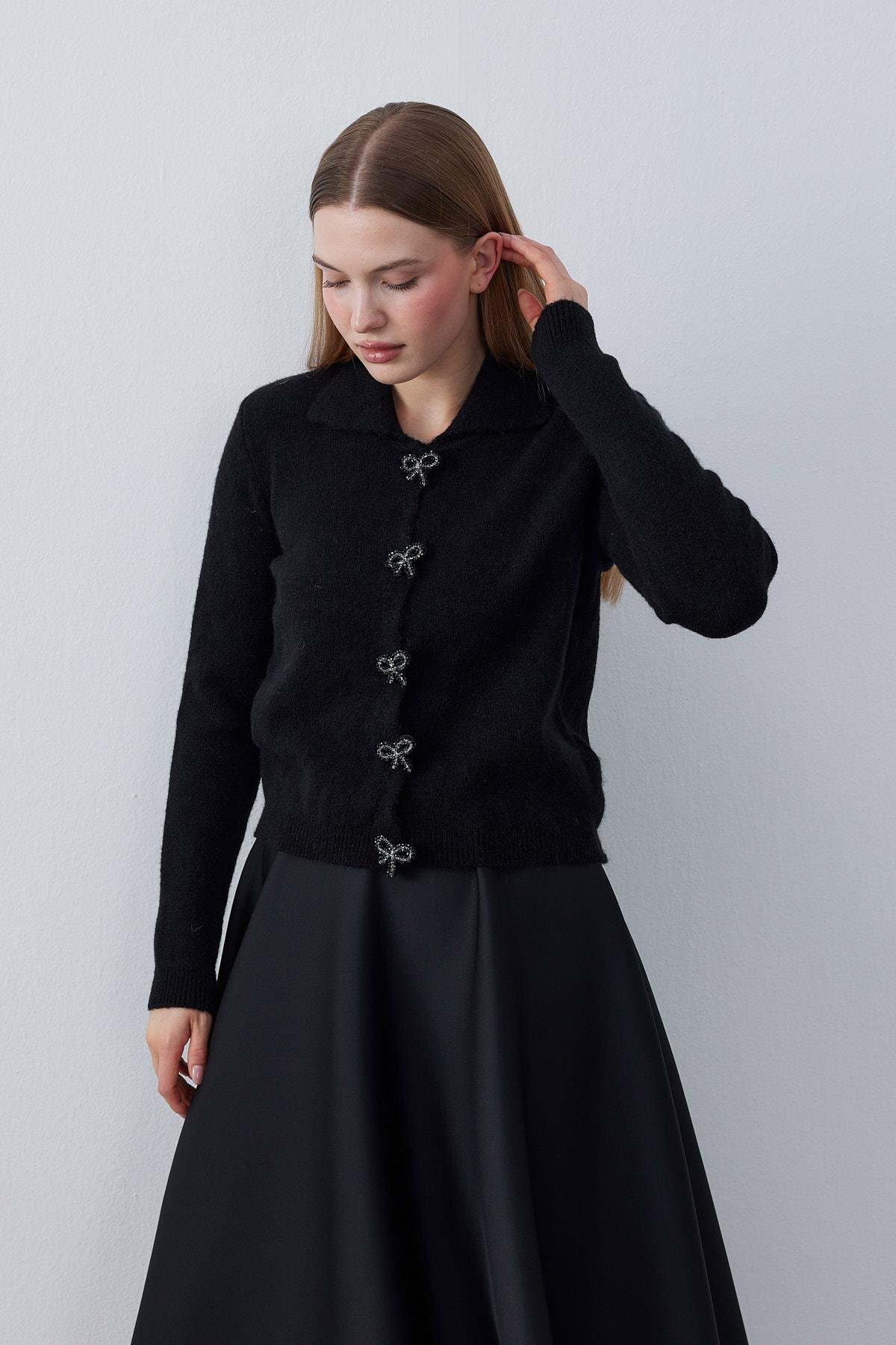 Evelina Fiyonk Detaylı Yün Karışımlı Triko Hırka- Siyah