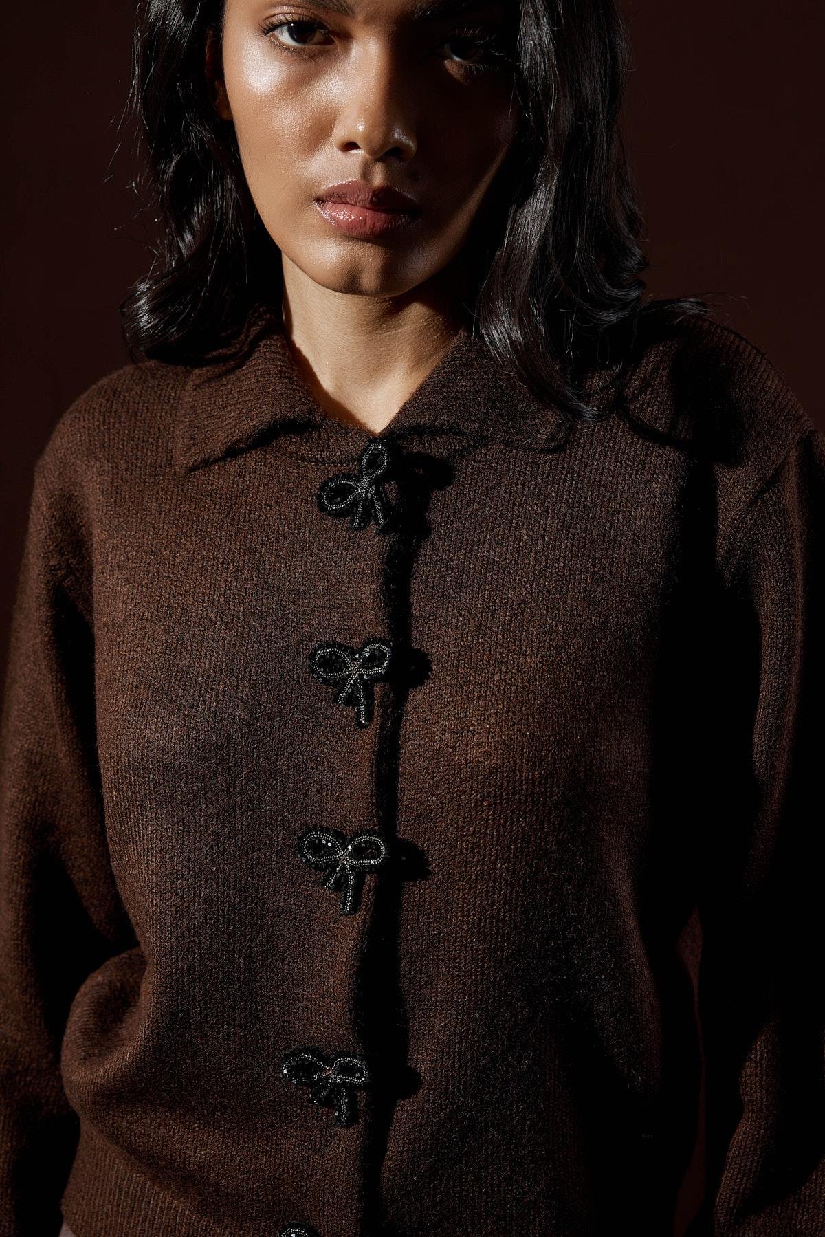 Evelina Fiyonk Detaylı Yün Karışımlı Triko Hırka- Acı kahve