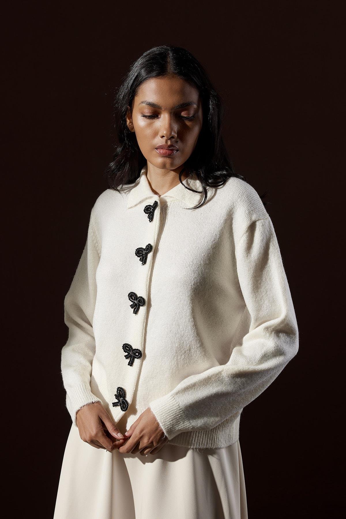 Evelina Fiyonk Detaylı Yün Karışımlı Triko Hırka-Ekru