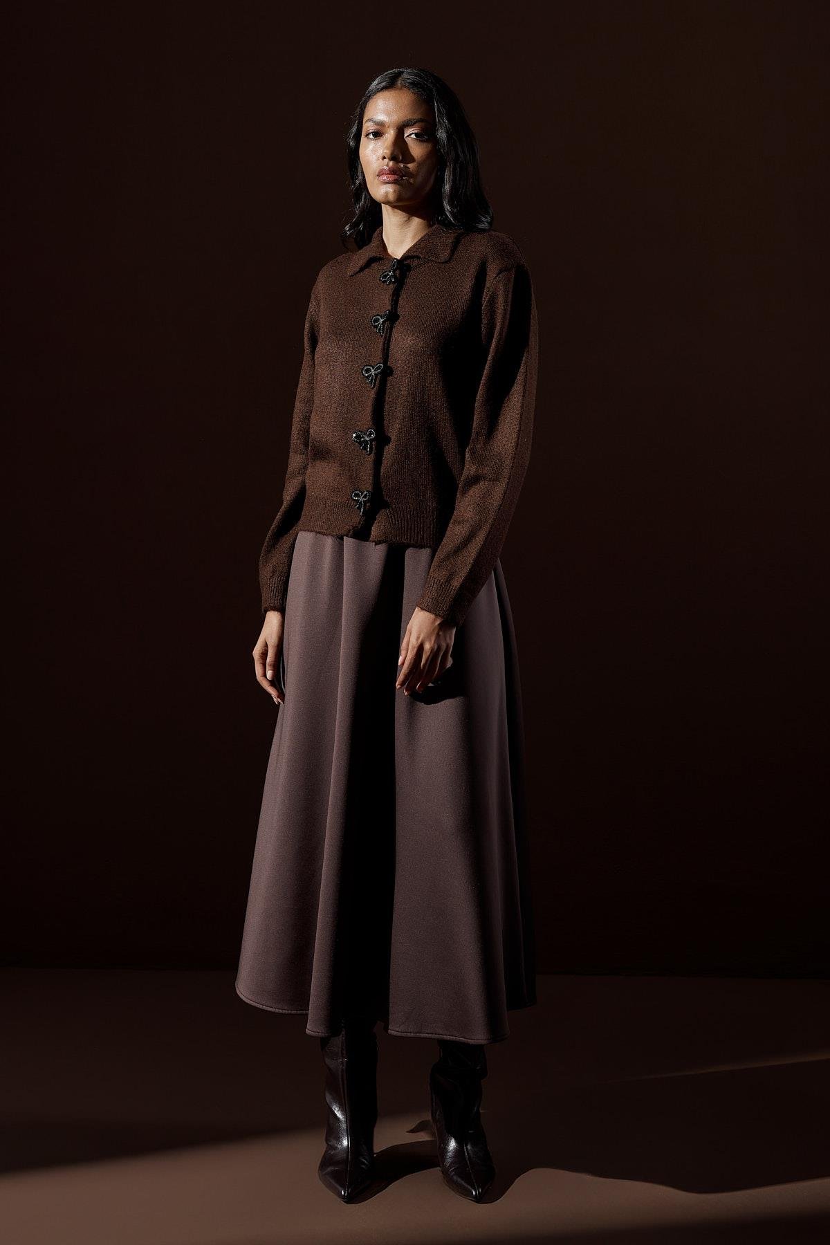 Evelina Fiyonk Detaylı Yün Karışımlı Triko Hırka- Acı kahve