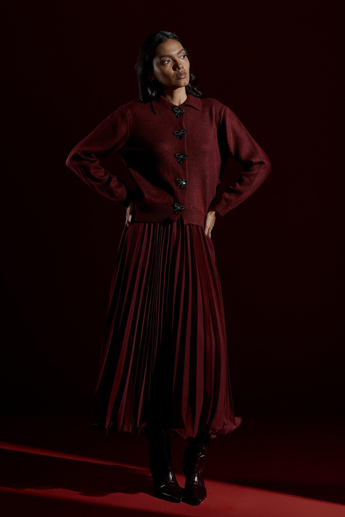 Evelina Fiyonk Detaylı Yün Karışımlı Triko Hırka- Bordo