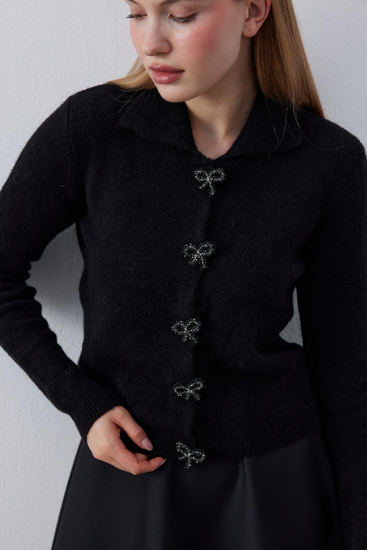 Evelina Fiyonk Detaylı Yün Karışımlı Triko Hırka- Siyah