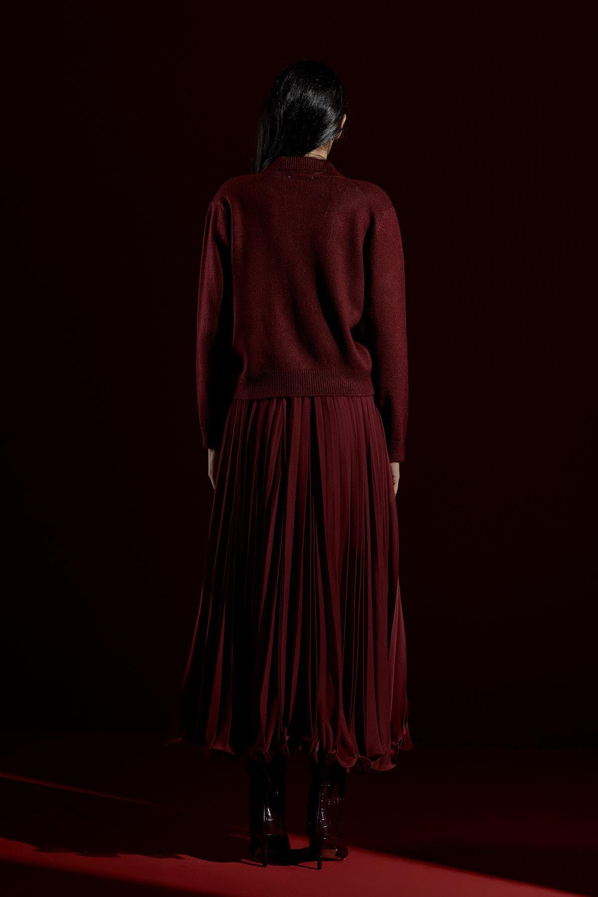 Evelina Fiyonk Detaylı Yün Karışımlı Triko Hırka- Bordo