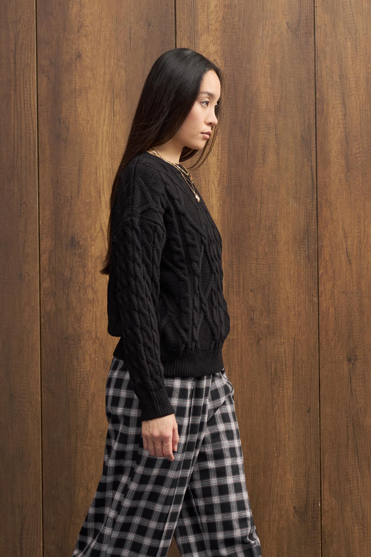 Fancy Nervürlü Ekose Pantolon - Siyah