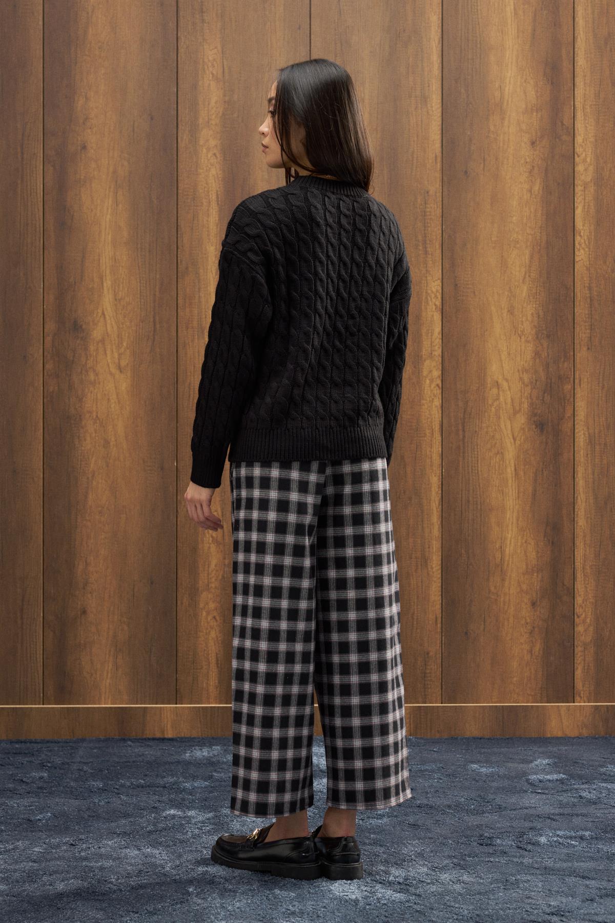 Fancy Nervürlü Ekose Pantolon - Siyah