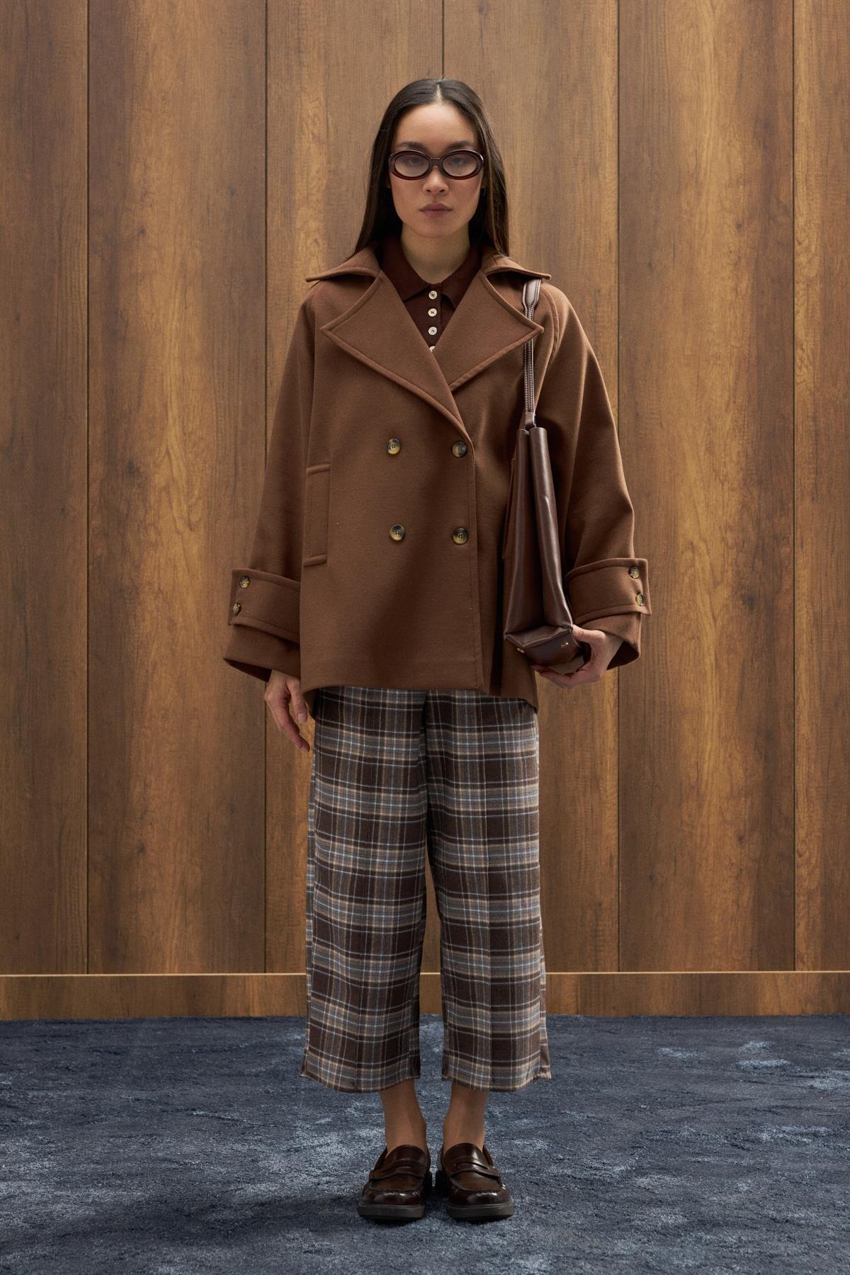 Fancy Nervürlü Ekose Pantolon - Vizon 