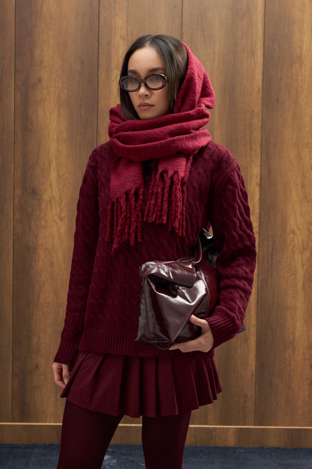 Farsha Püsküllü Yün Atkı - Mürdüm 