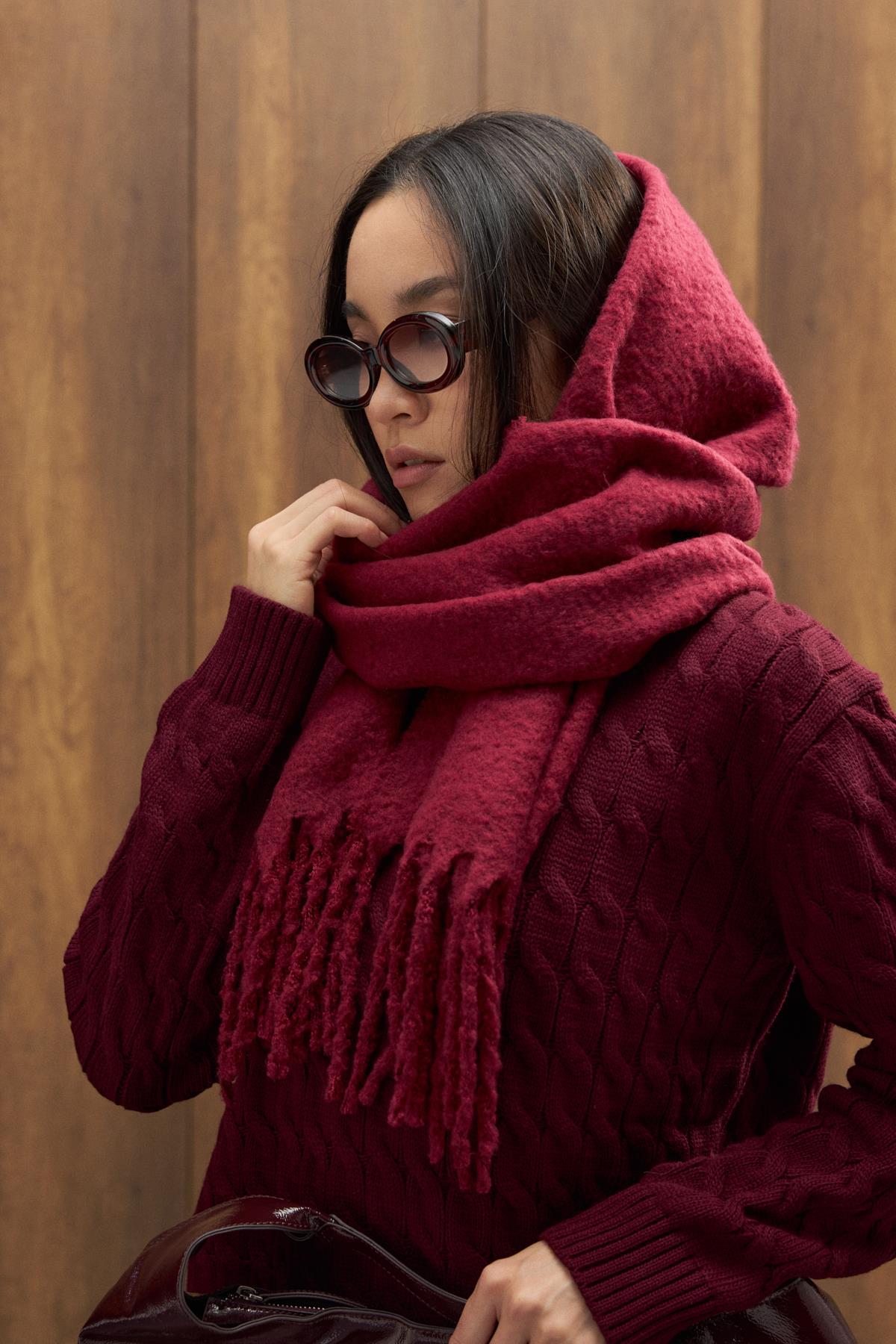 Farsha Püsküllü Yün Atkı - Mürdüm 