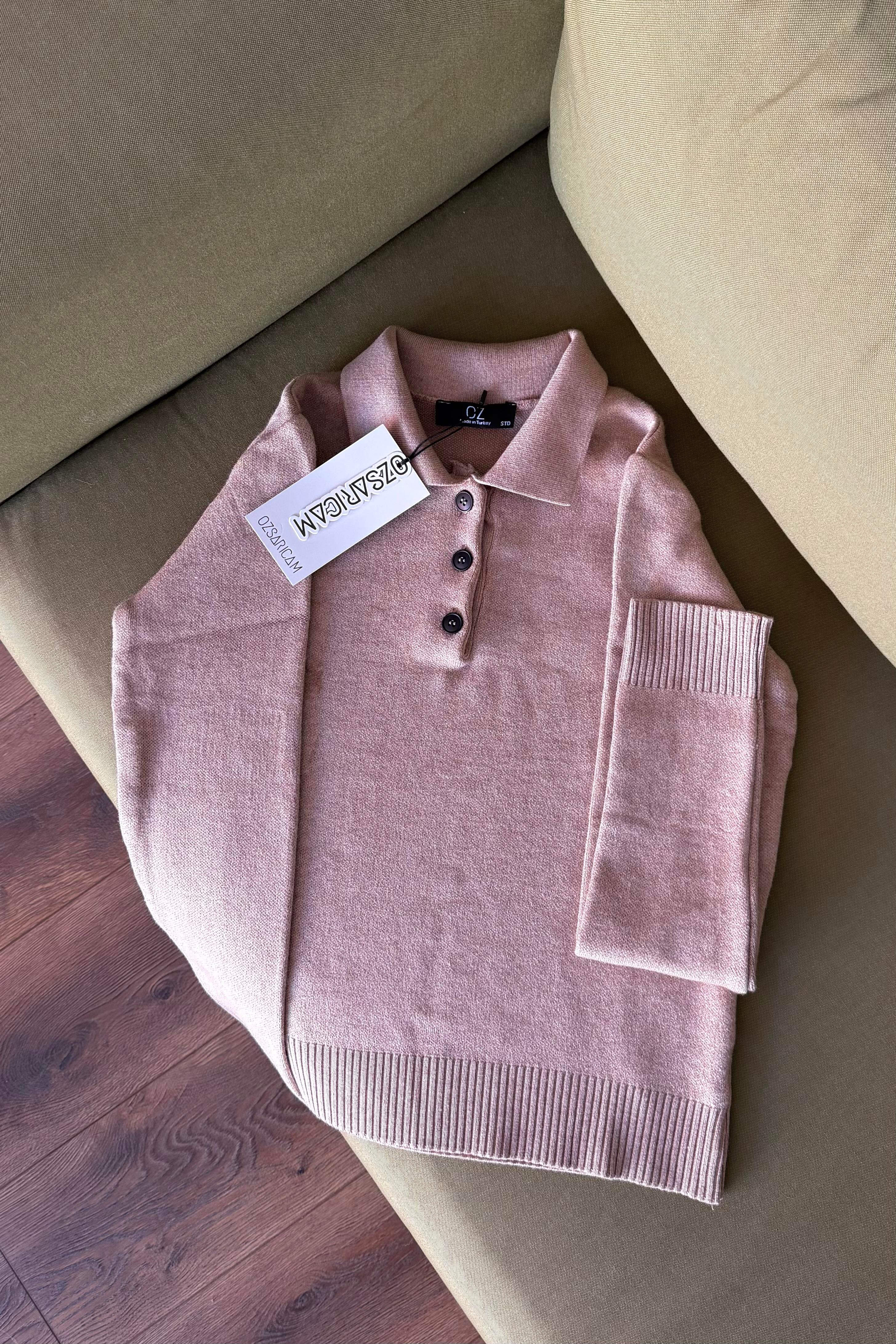 Fawn Polo Yaka Çelik Örme Kazak - Vizon 