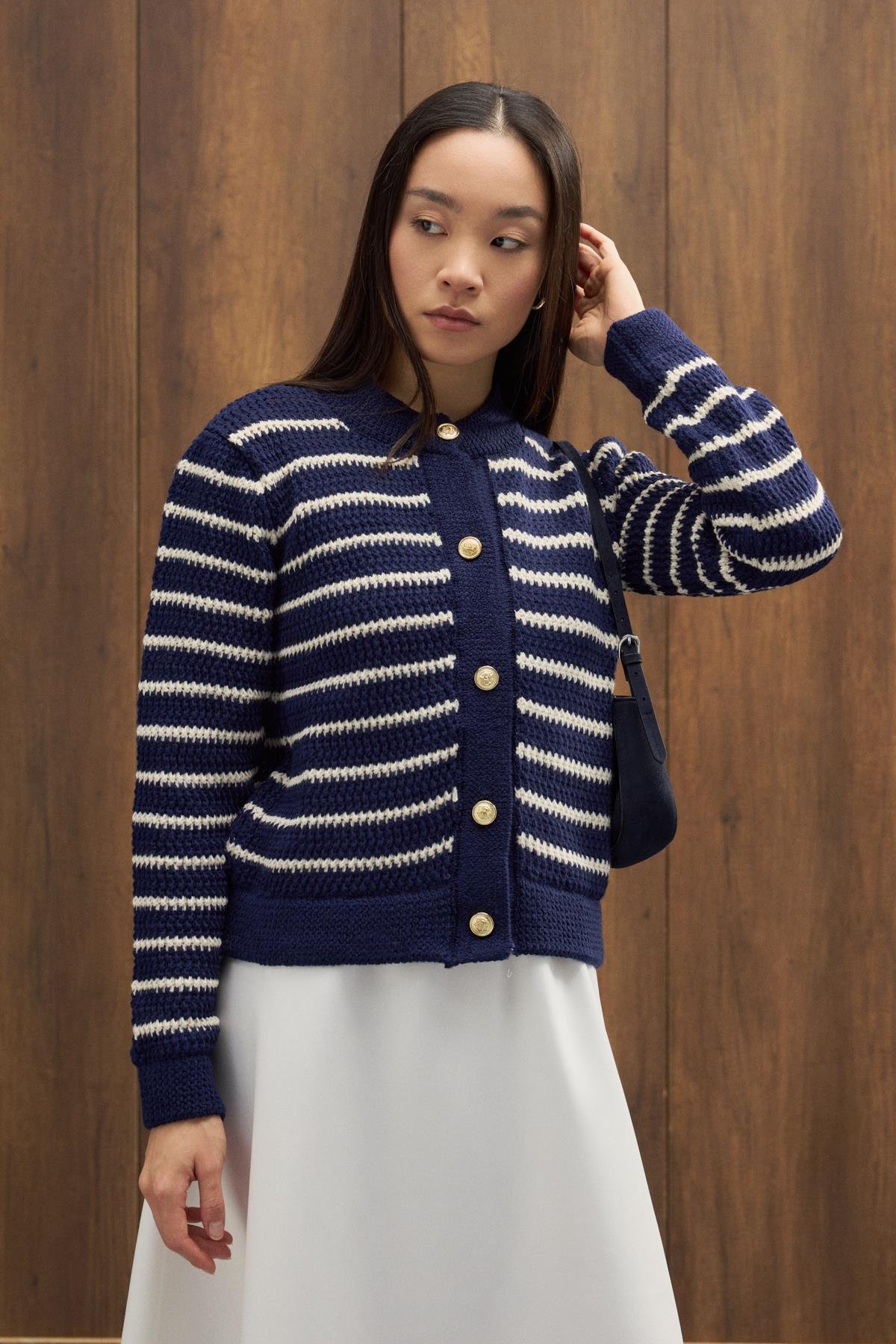 Felix Kontrast Düğmeli Hırka - Lacivert