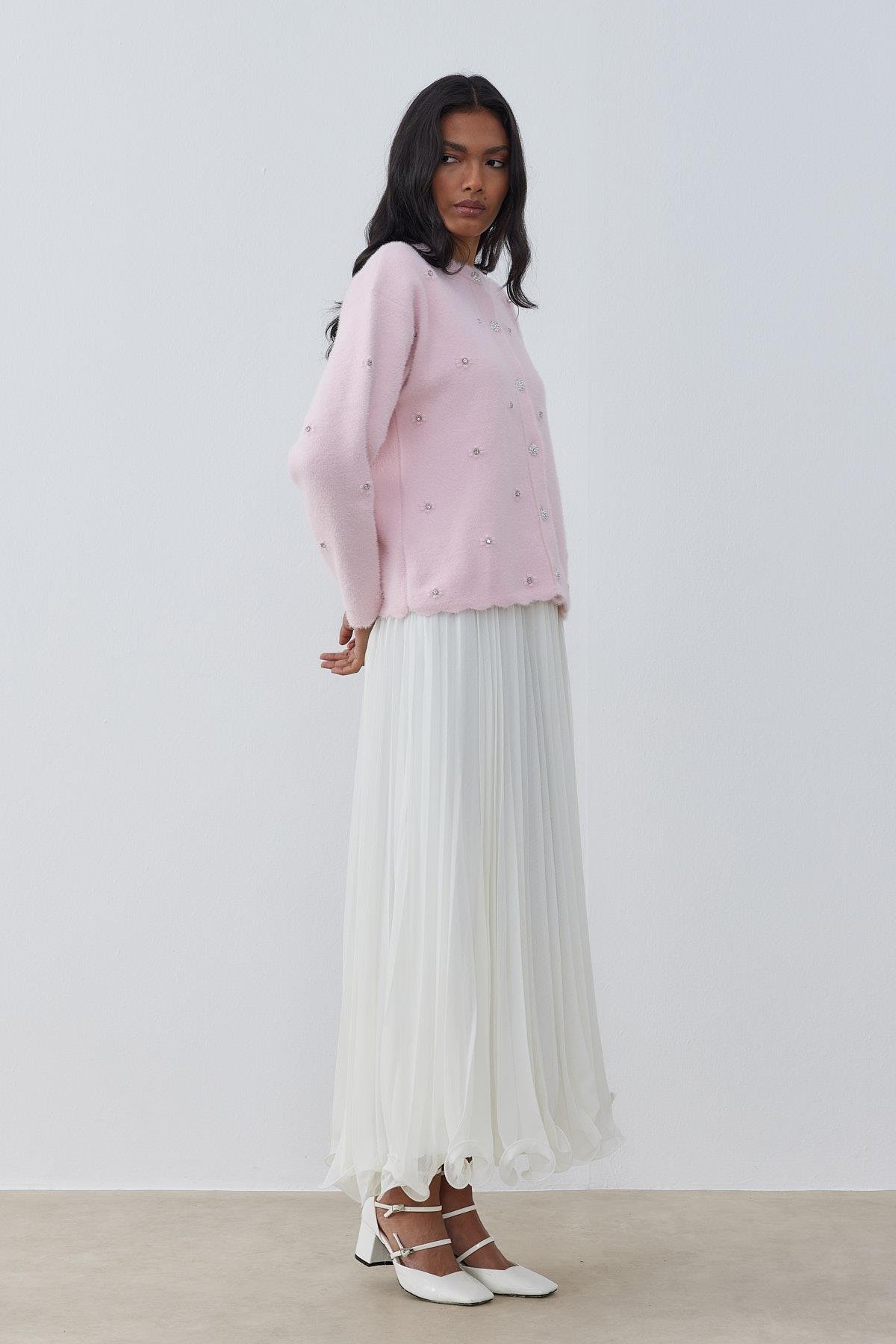 Fern Taş İşlemeli Angora Hırka- Pembe