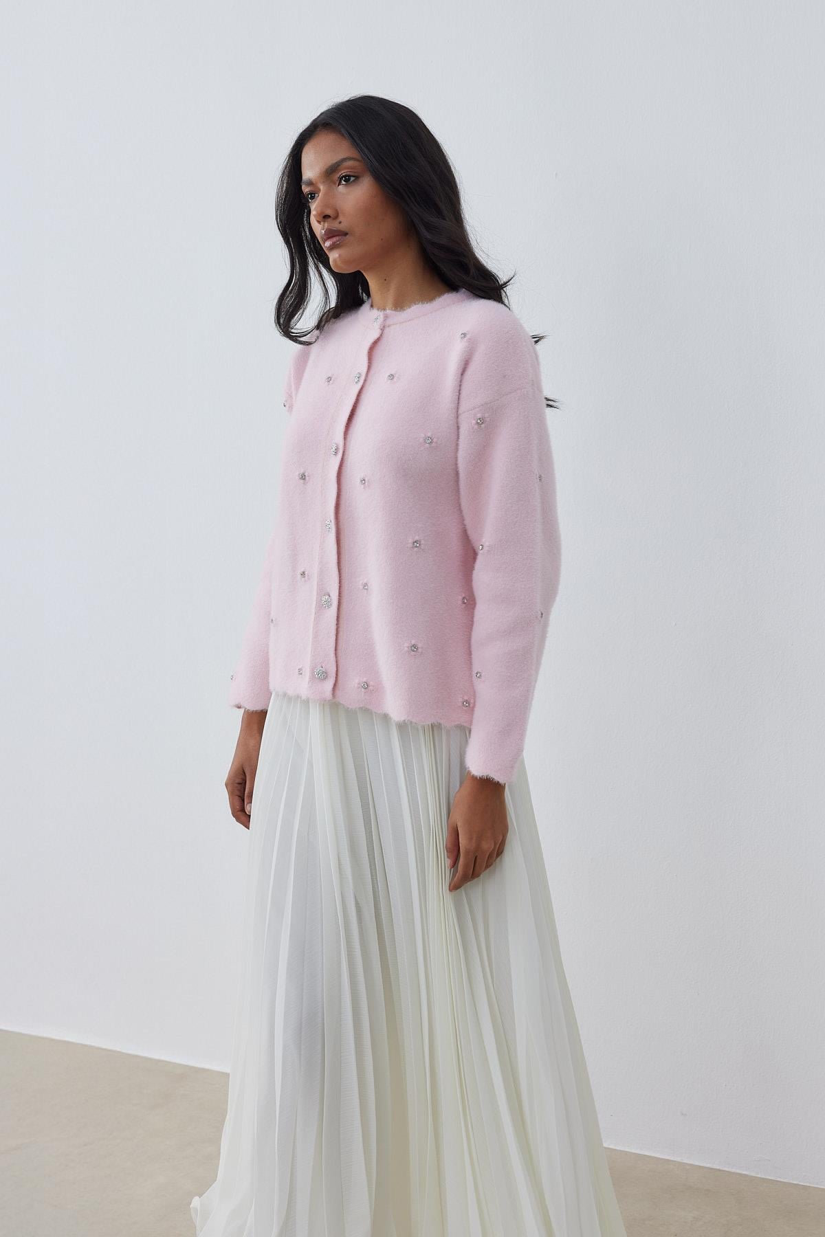 Fern Taş İşlemeli Angora Hırka- Pembe