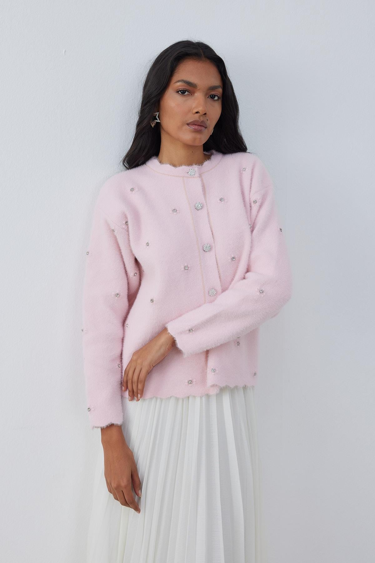 Fern Taş İşlemeli Angora Hırka- Pembe