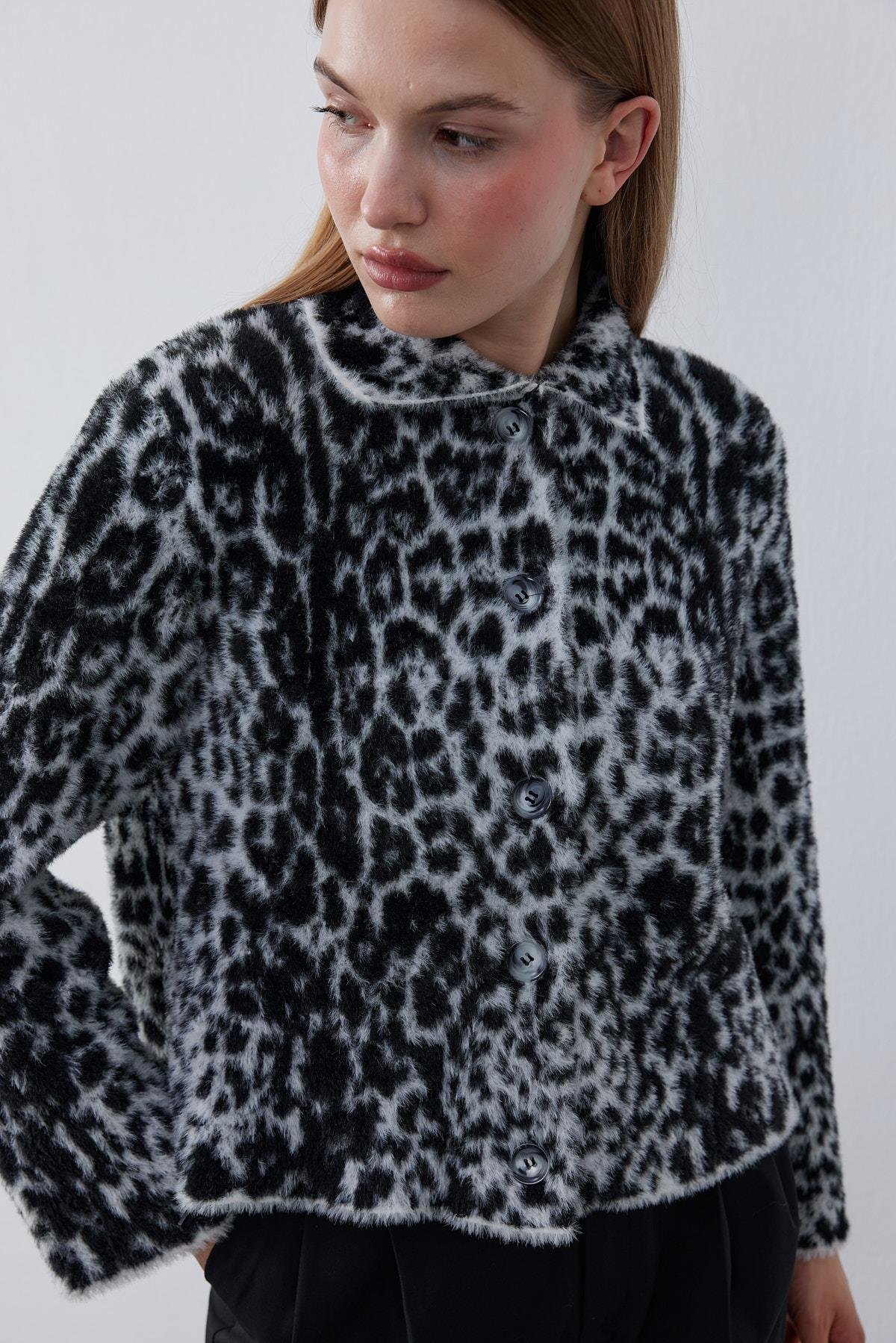 Fernley Leopar Angora Ceket - Beyaz