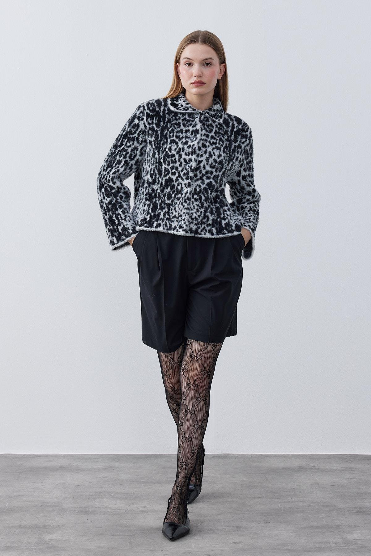 Fernley Leopar Angora Ceket - Beyaz