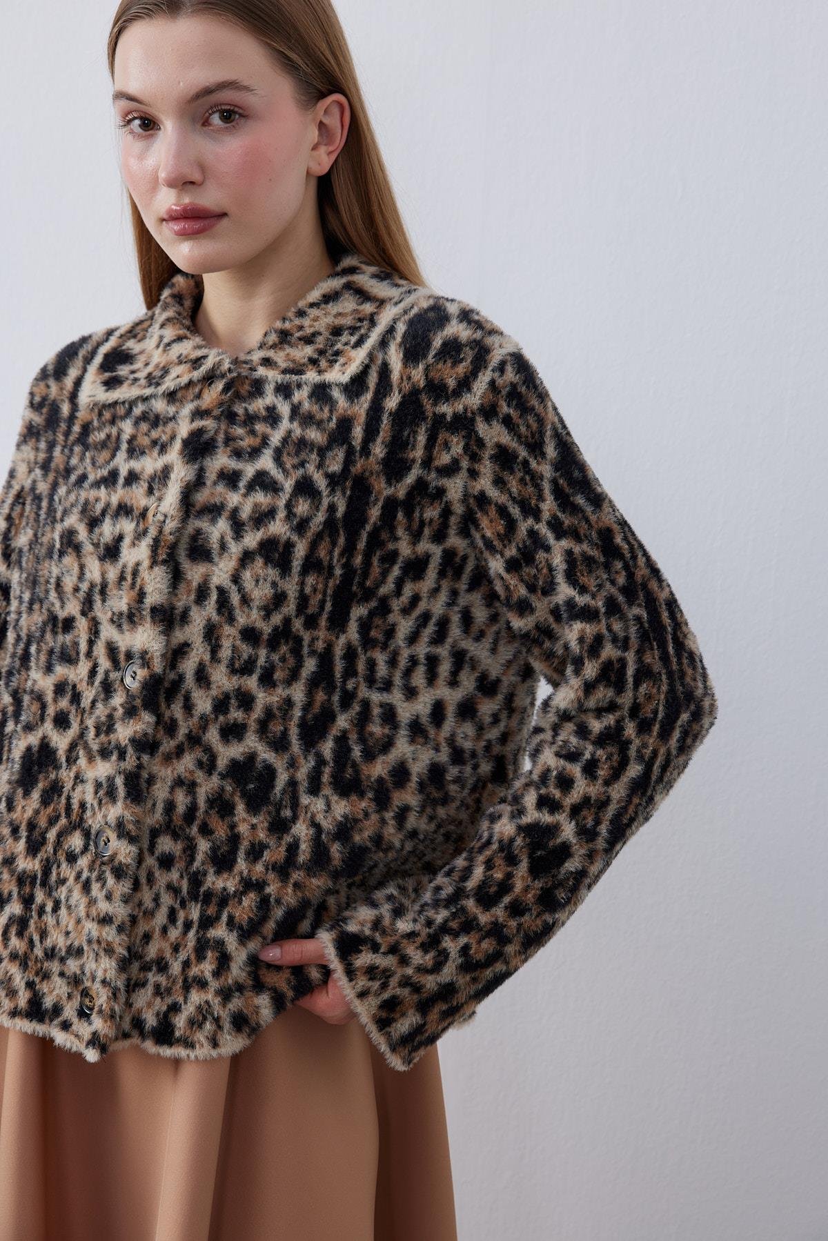 Fernley Leopar Angora Ceket - Kahverengi